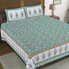 Rudra Bazaar Turquoise Blue 210 TC Cotton Double King Bedsheet With 2 Pillow Covers | Grocsy