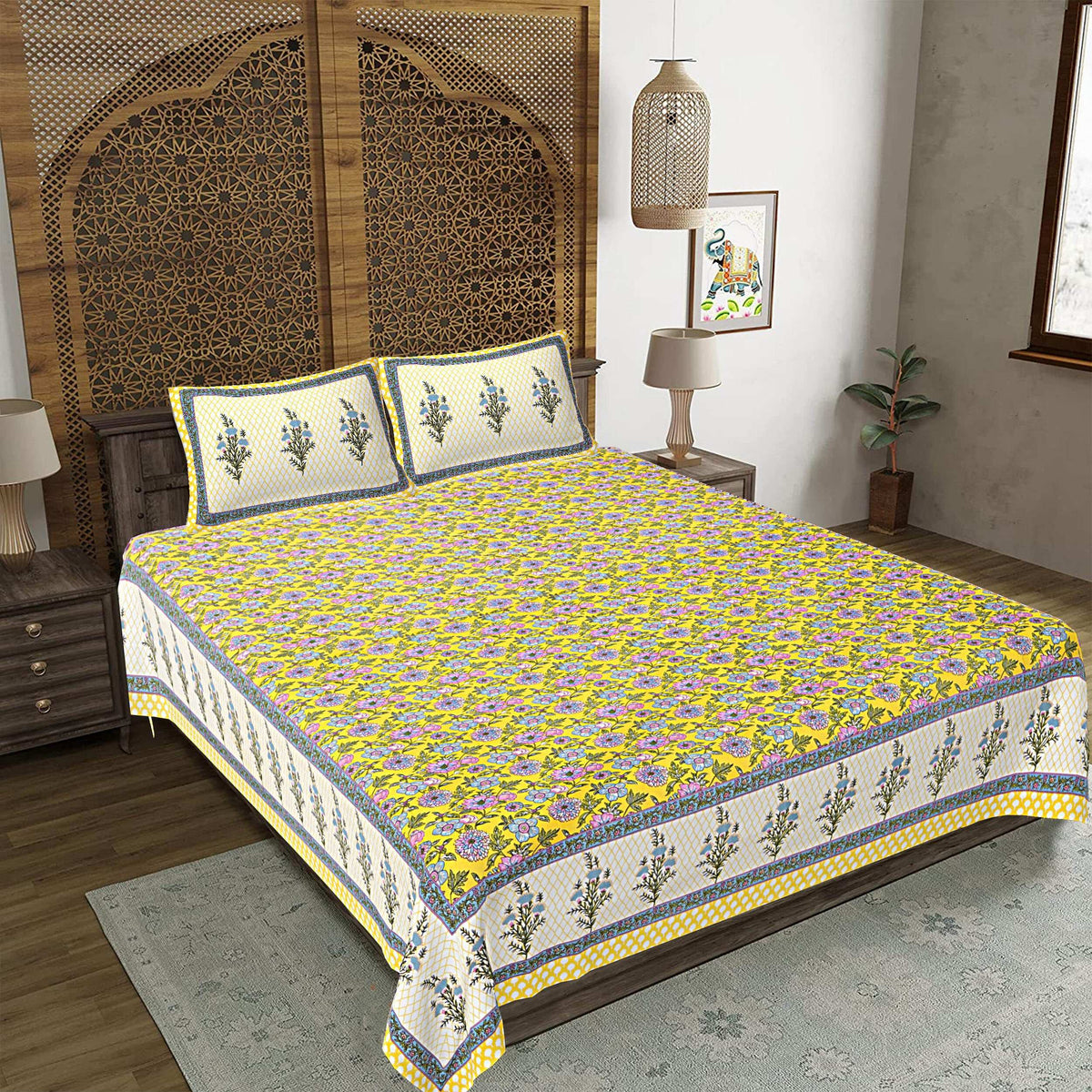 Rudra Bazaar Yellow 210 TC Cotton Double King Bedsheet With 2 Pillow Covers | Grocsy