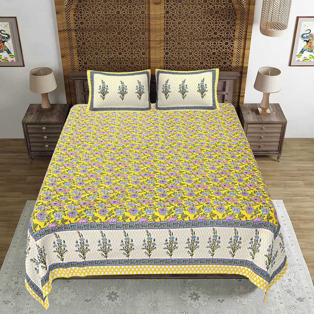 Rudra Bazaar Yellow 210 TC Cotton Double King Bedsheet With 2 Pillow Covers | Grocsy
