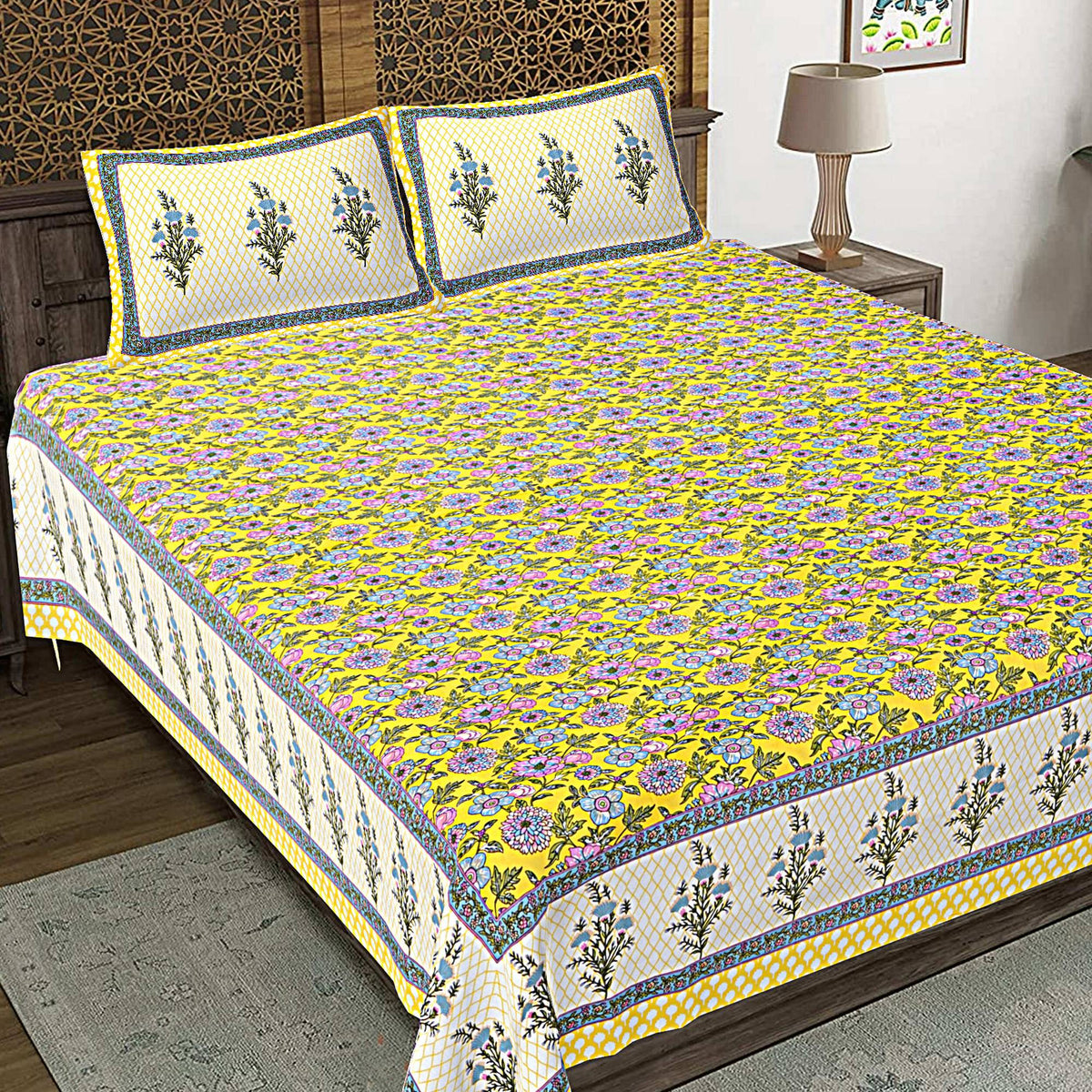 Rudra Bazaar Yellow 210 TC Cotton Double King Bedsheet With 2 Pillow Covers | Grocsy