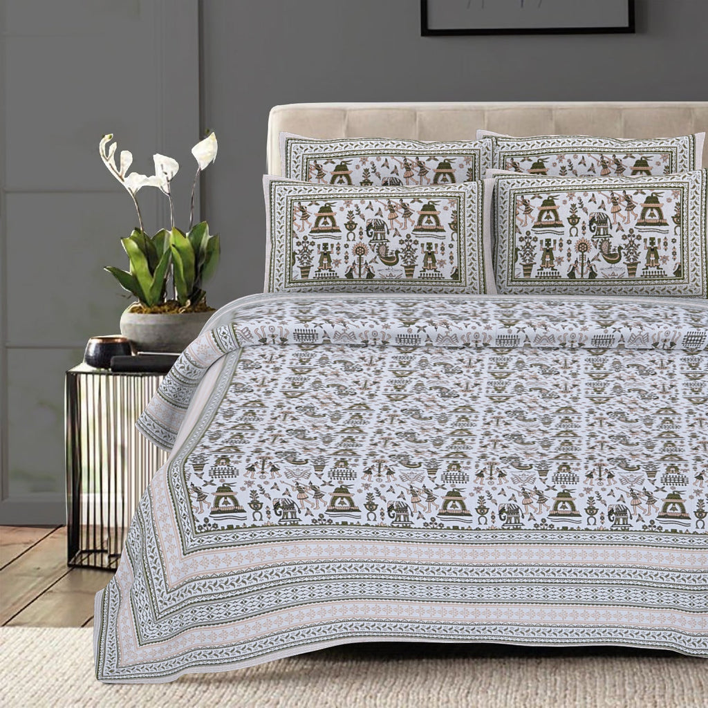 Rudra Bazaar Olive 210 TC Cotton Double King Bedsheet With 2 Pillow Covers | Grocsy