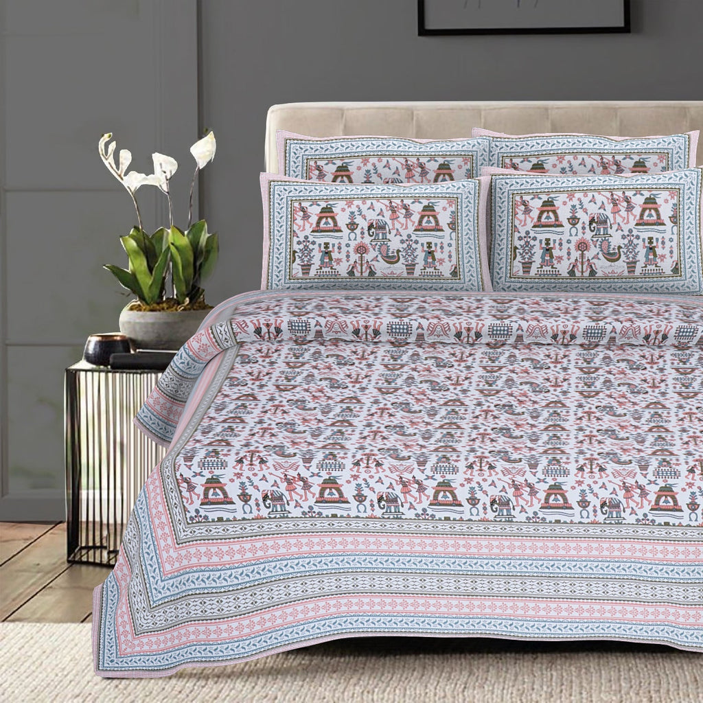 Rudra Bazaar Orange Turquise 210 TC Cotton Double King Bedsheet With 2 Pillow Covers | Grocsy