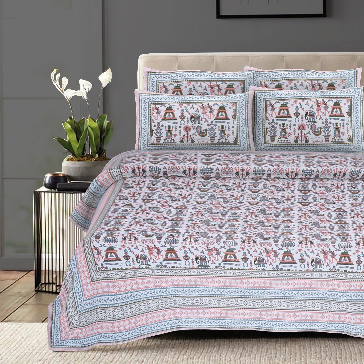 Rudra Bazaar Orange Turquise 210 TC Cotton Double King Bedsheet With 2 Pillow Covers | Grocsy