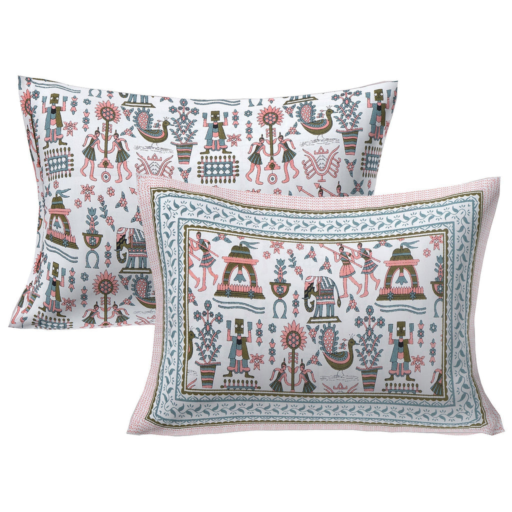 Rudra Bazaar Orange Turquise 210 TC Cotton Double King Bedsheet With 2 Pillow Covers | Grocsy