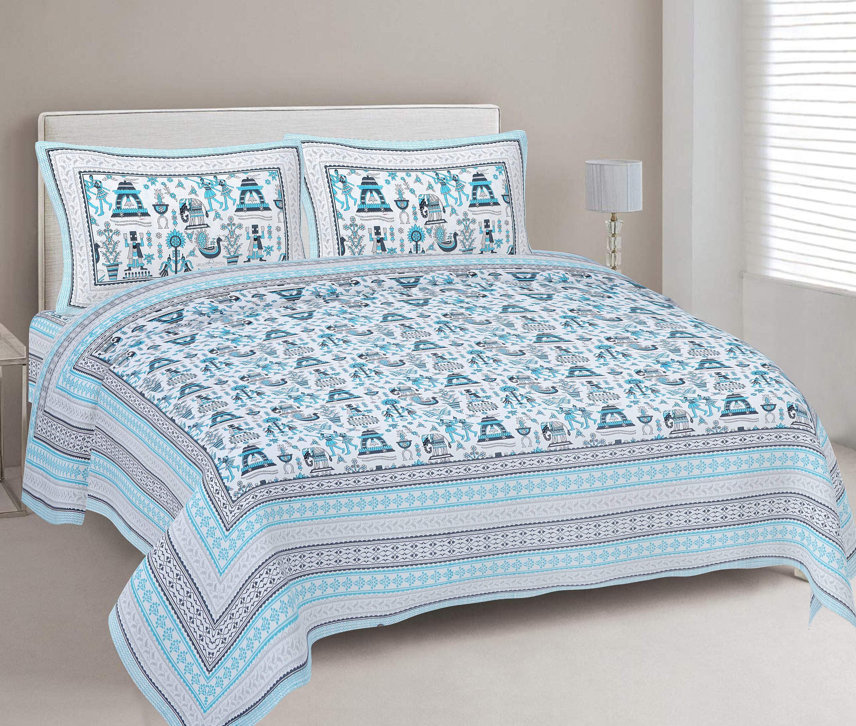 Rudra Bazaar Blue 210 TC Cotton Double King Bedsheet With 2 Pillow Covers | Grocsy