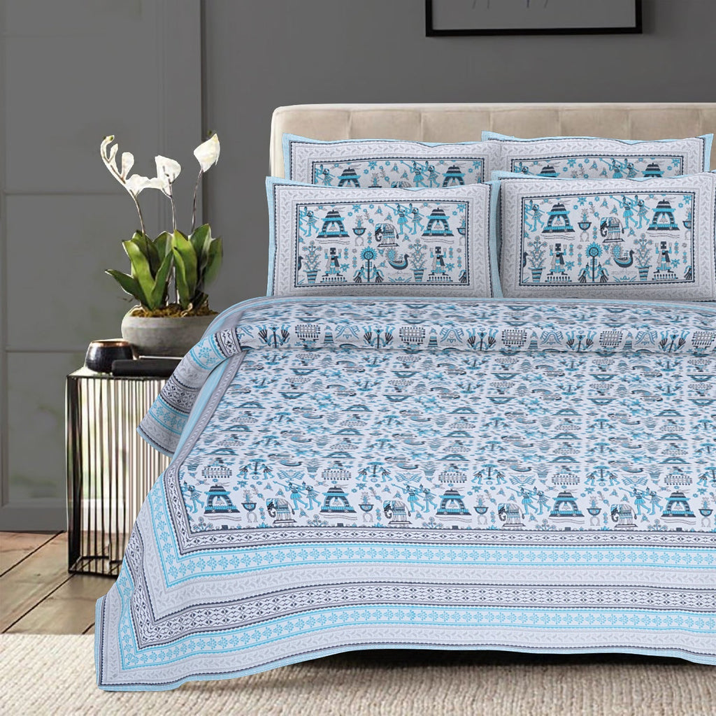 Rudra Bazaar Blue 210 TC Cotton Double King Bedsheet With 2 Pillow Covers | Grocsy