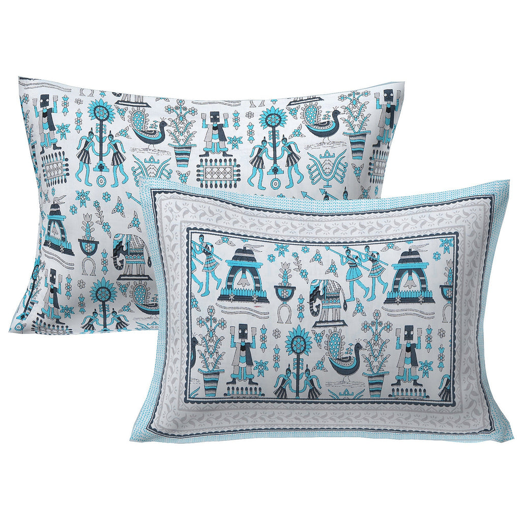 Rudra Bazaar Blue 210 TC Cotton Double King Bedsheet With 2 Pillow Covers | Grocsy