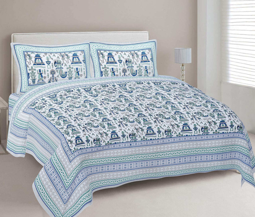 Rudra Bazaar Turquoise Blue 210 TC Cotton Double King Bedsheet With 2 Pillow Covers | Grocsy