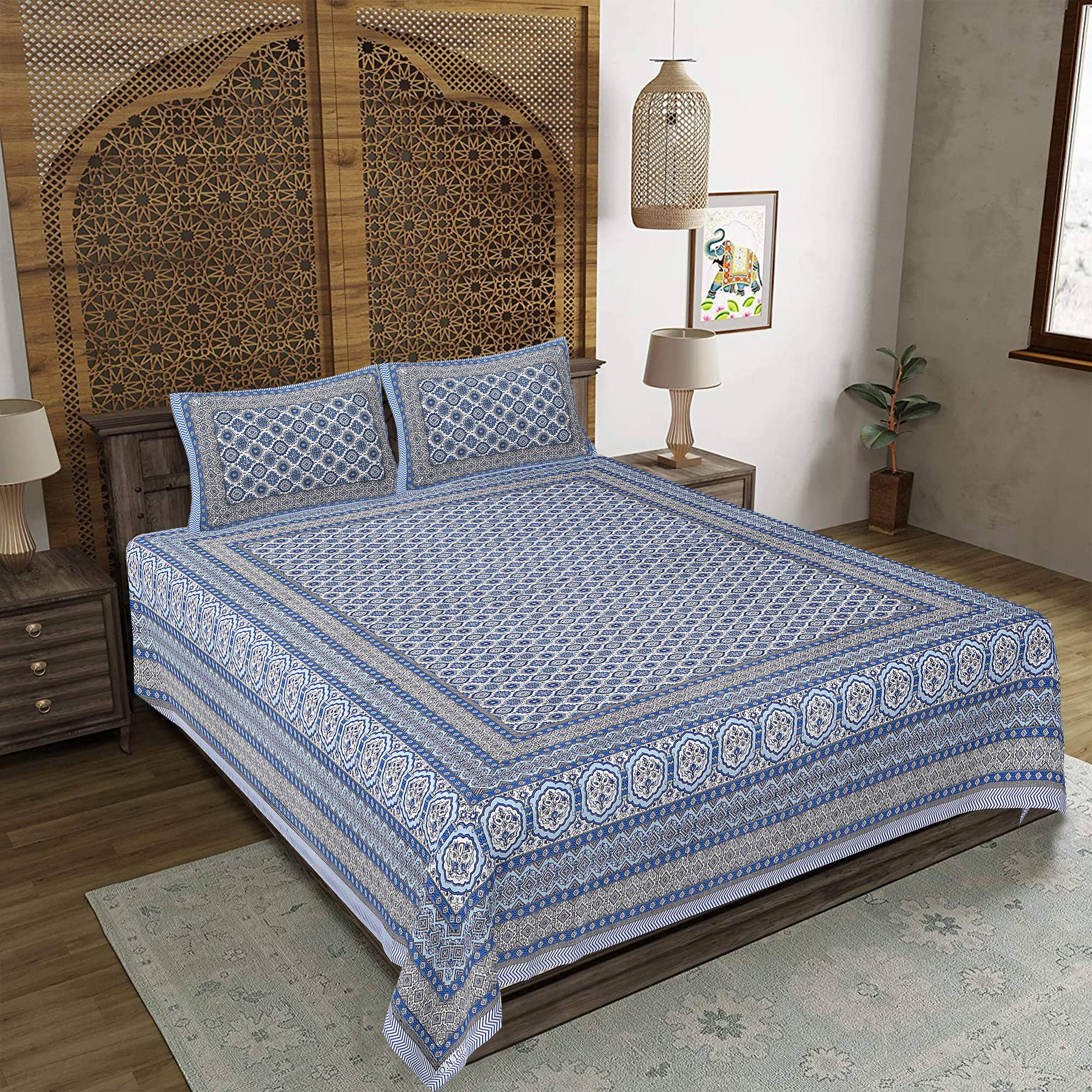 Rudra Bazaar Blue 210 TC Cotton Double King Bedsheet With 2 Pillow Covers | Grocsy