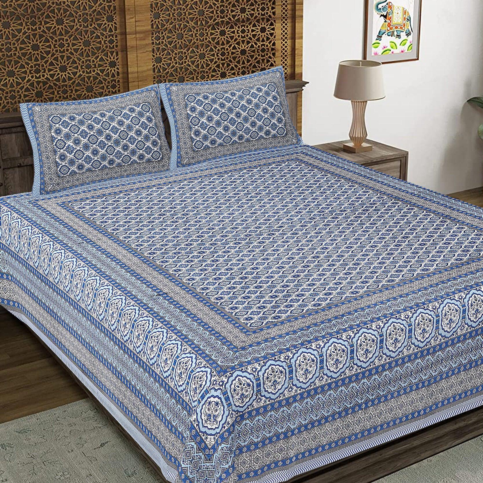 Rudra Bazaar Blue 210 TC Cotton Double King Bedsheet With 2 Pillow Covers | Grocsy