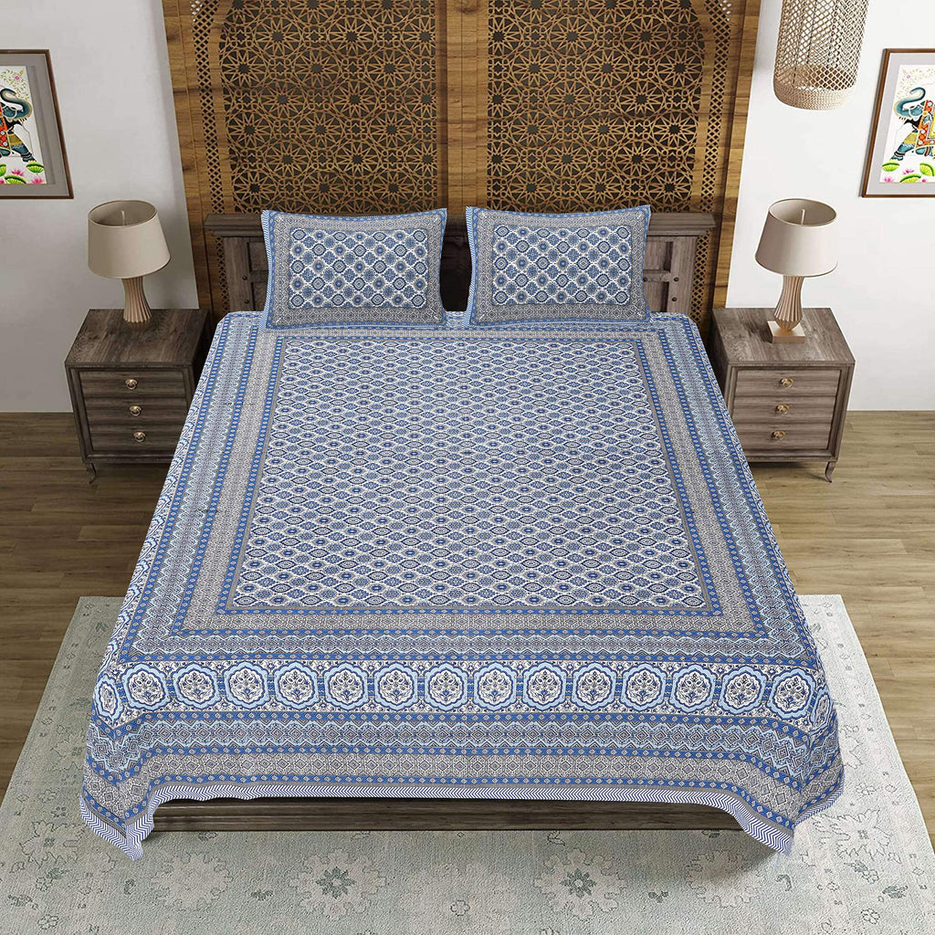 Rudra Bazaar Blue 210 TC Cotton Double King Bedsheet With 2 Pillow Covers | Grocsy