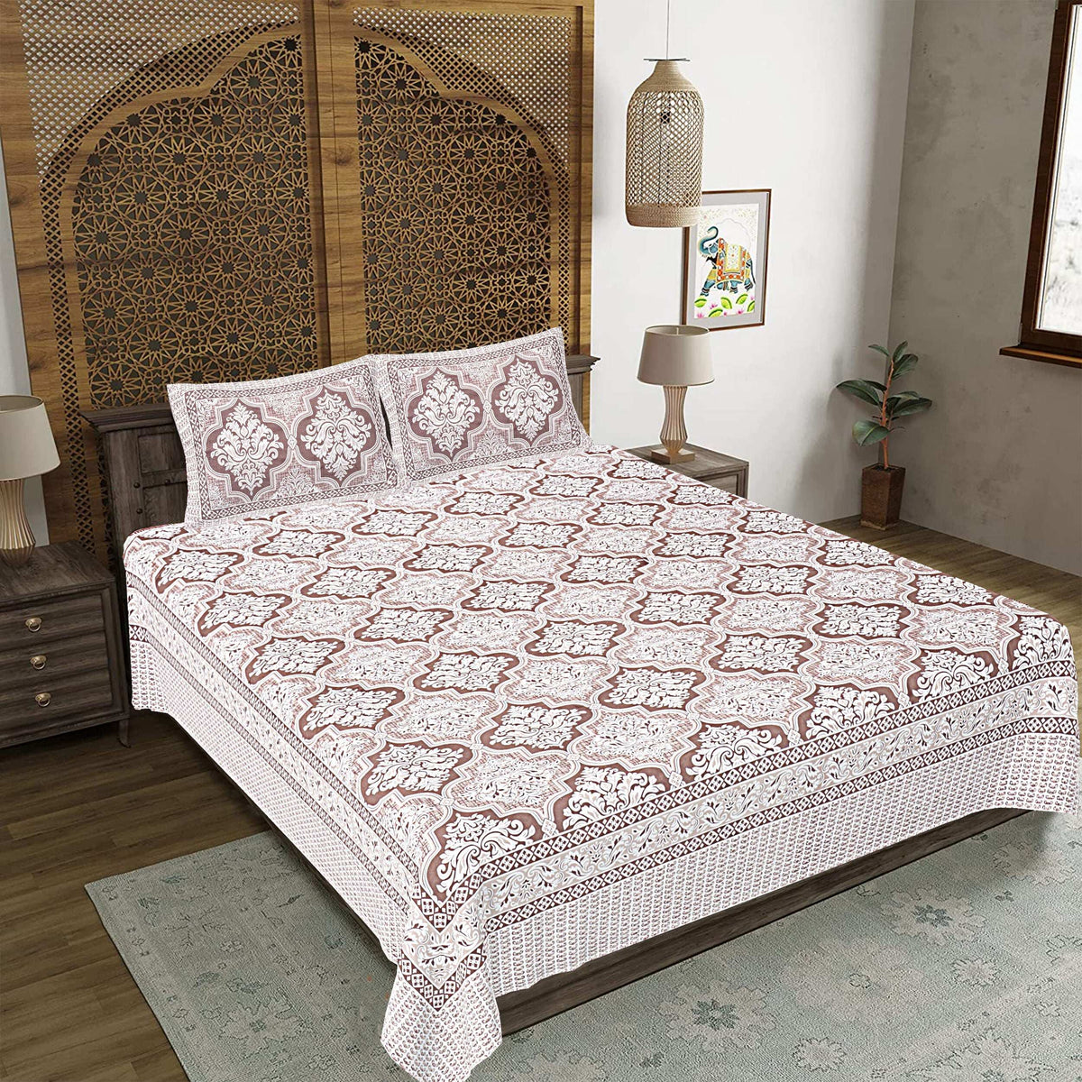 Rudra Bazaar Brown 210 TC Cotton Double King Bedsheet With 2 Pillow Covers | Grocsy