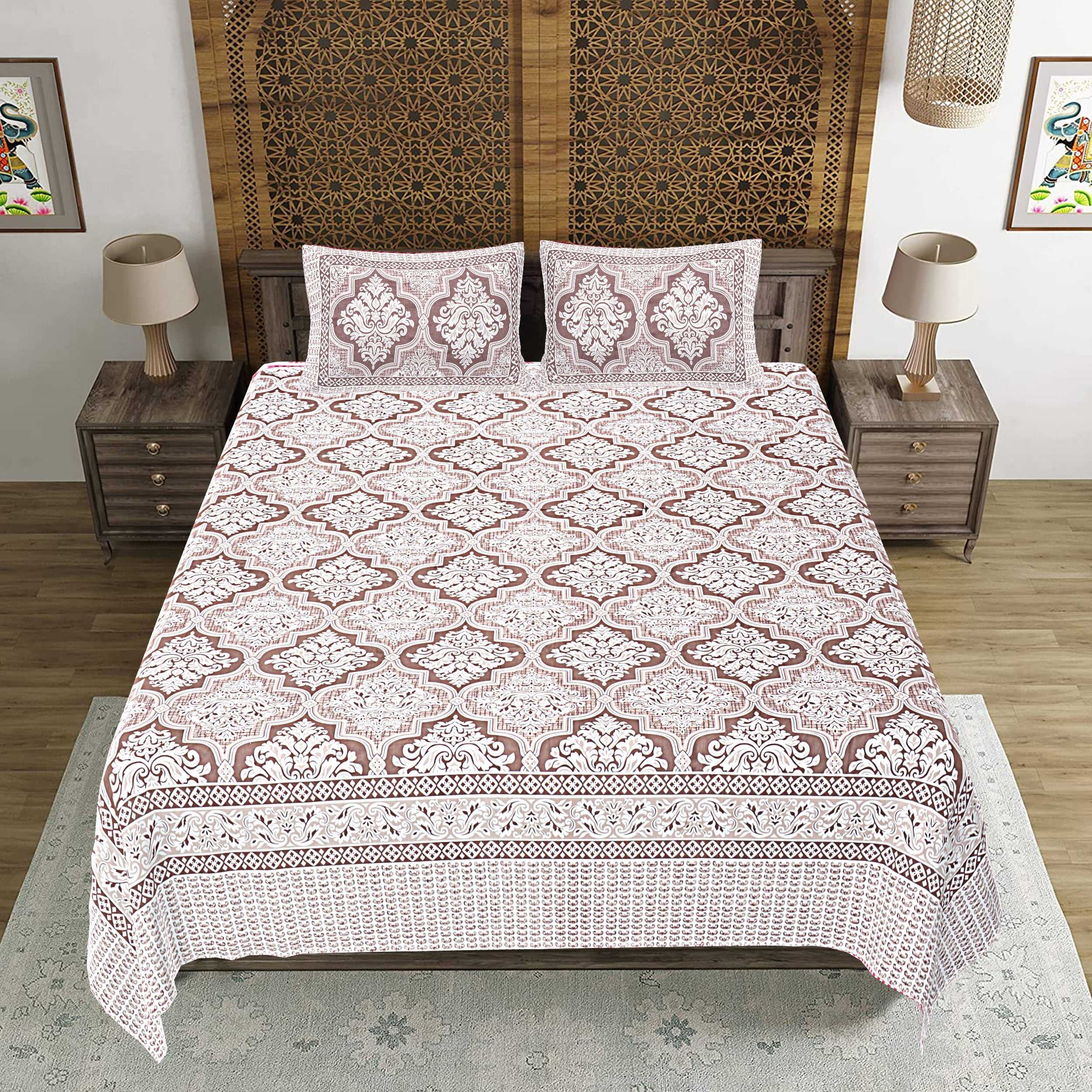 Rudra Bazaar Brown 210 TC Cotton Double King Bedsheet With 2 Pillow Covers | Grocsy