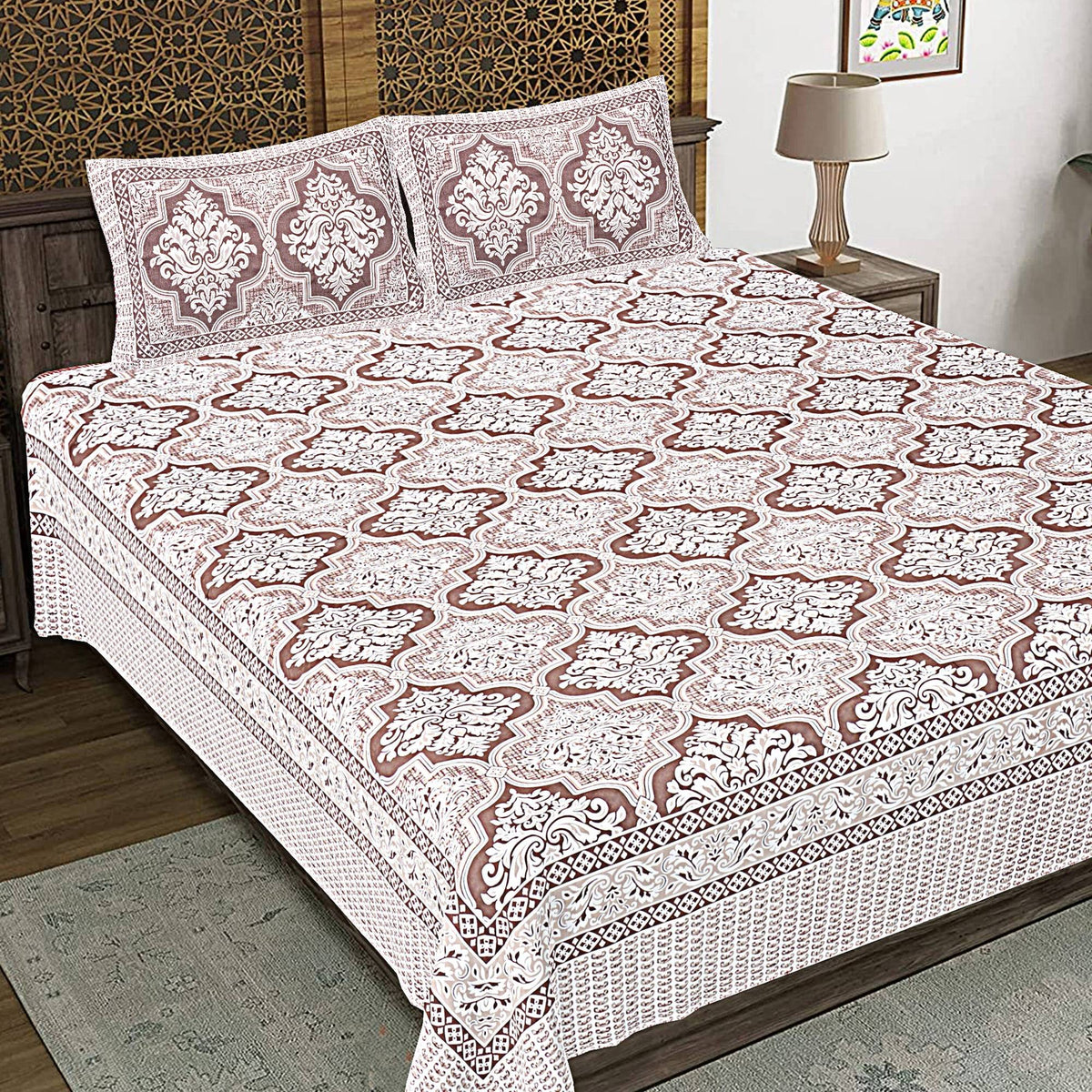 Rudra Bazaar Brown 210 TC Cotton Double King Bedsheet With 2 Pillow Covers | Grocsy