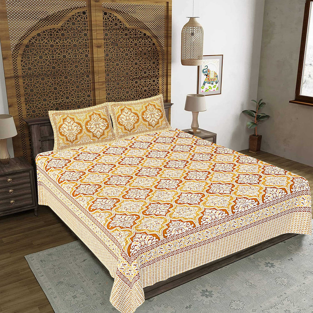 Rudra Bazaar Gold 210 TC Cotton Double King Bedsheet With 2 Pillow Covers | Grocsy