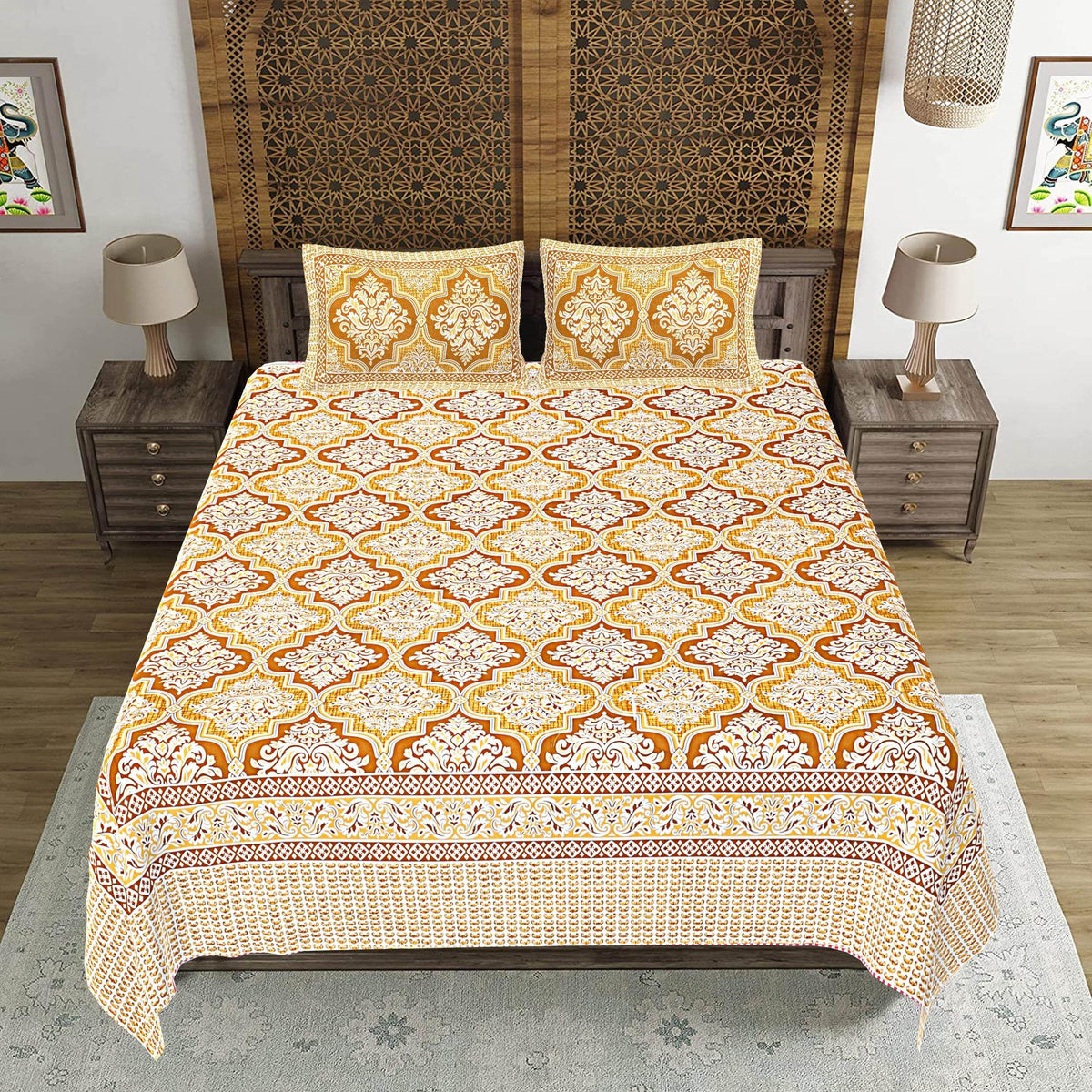 Rudra Bazaar Gold 210 TC Cotton Double King Bedsheet With 2 Pillow Covers | Grocsy