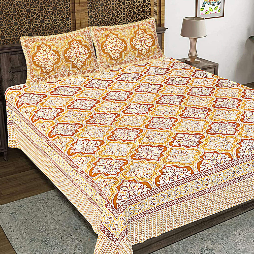 Rudra Bazaar Gold 210 TC Cotton Double King Bedsheet With 2 Pillow Covers | Grocsy