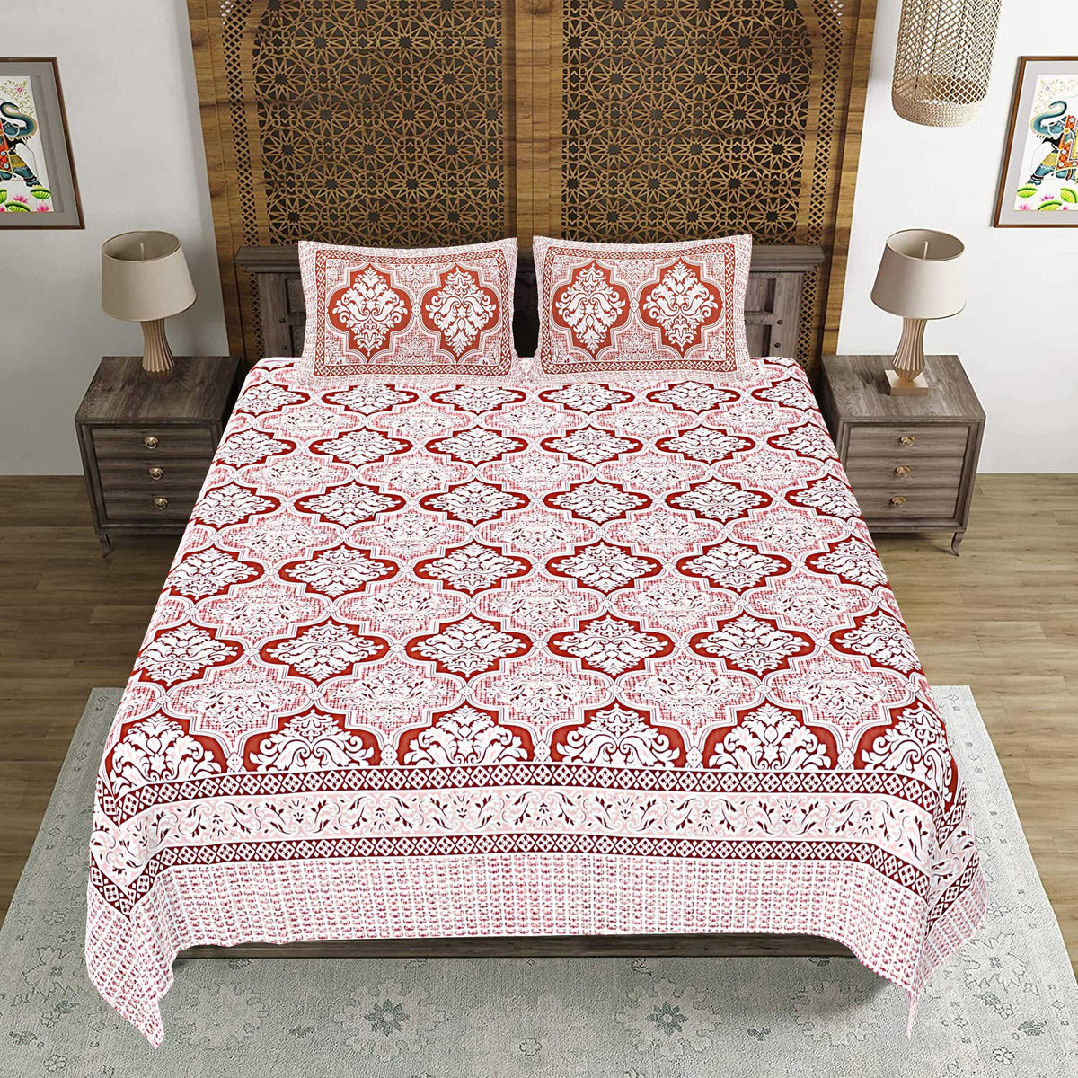 Rudra Bazaar Peach 210 TC Cotton Double King Bedsheet With 2 Pillow Covers | Grocsy
