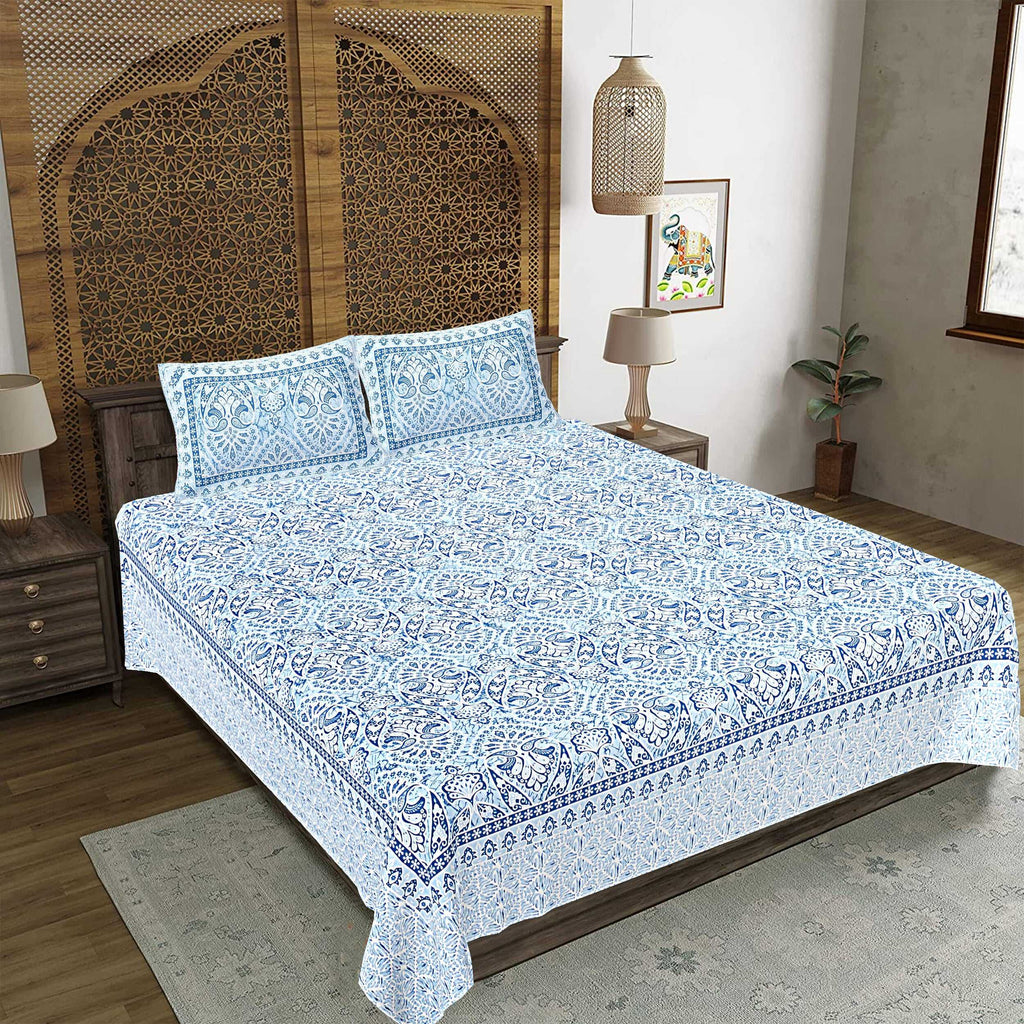 Rudra Bazaar Blue 210 TC Cotton Double King Bedsheet With 2 Pillow Covers | Grocsy