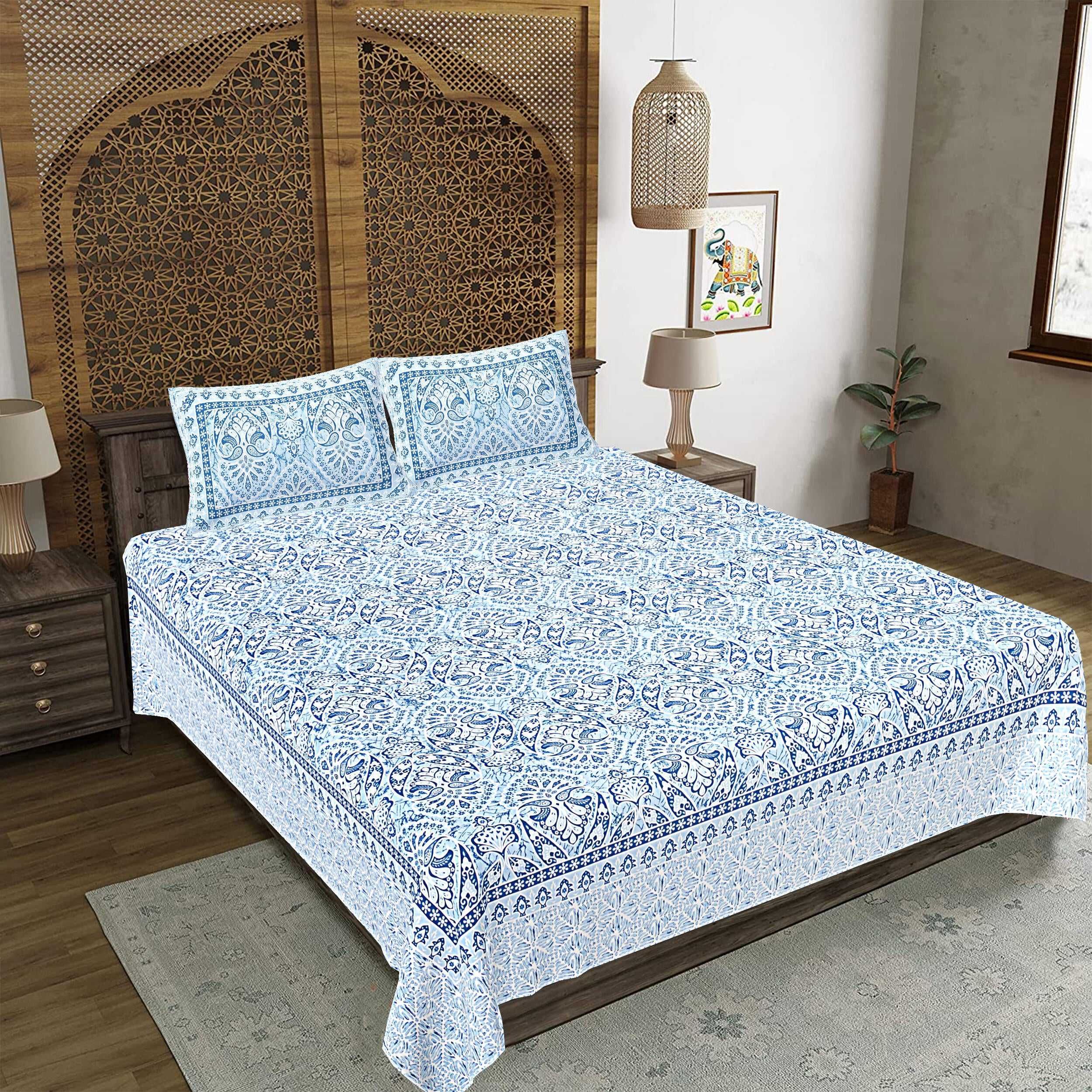 Rudra Bazaar Blue 210 TC Cotton Double King Bedsheet With 2 Pillow Covers | Grocsy