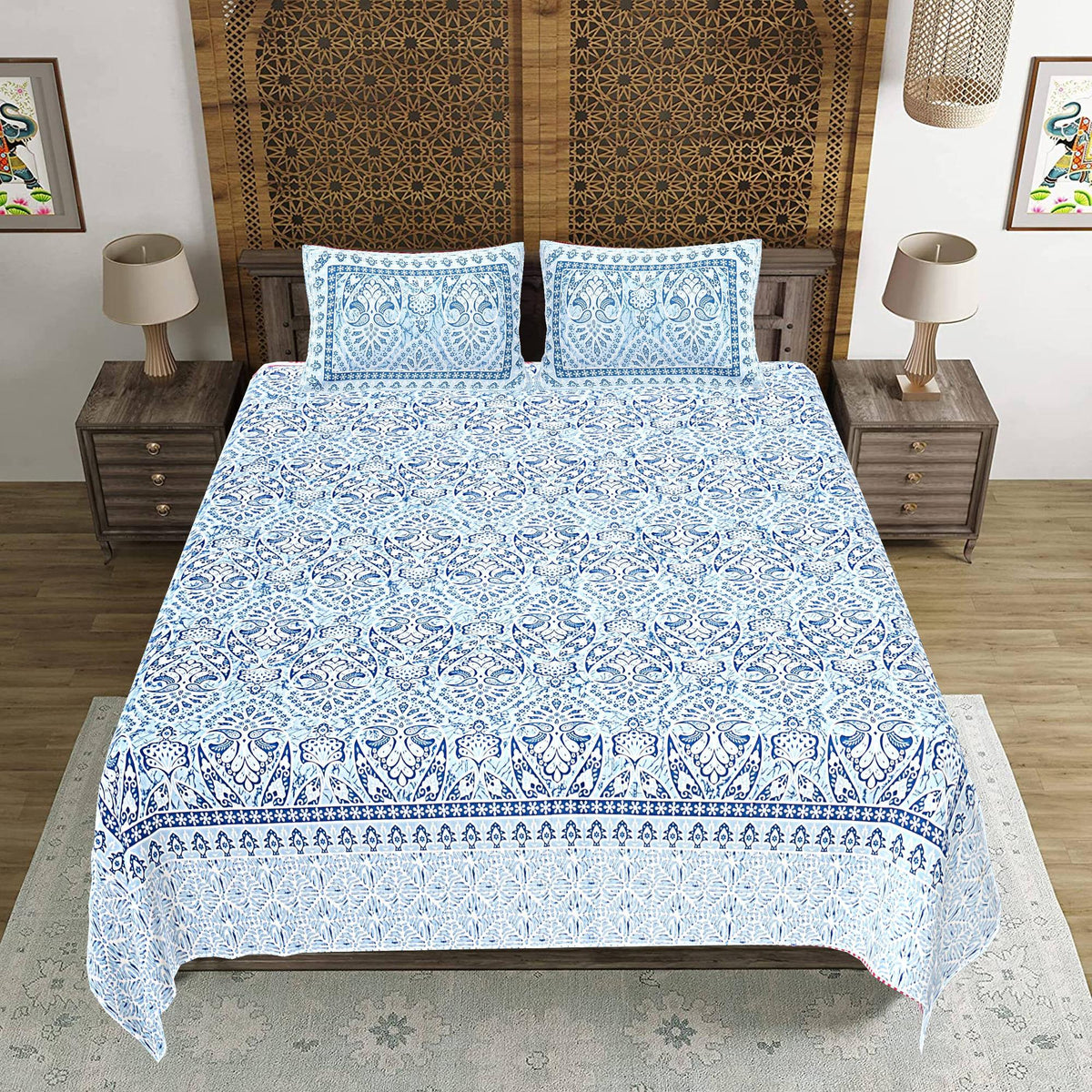 Rudra Bazaar Blue 210 TC Cotton Double King Bedsheet With 2 Pillow Covers | Grocsy