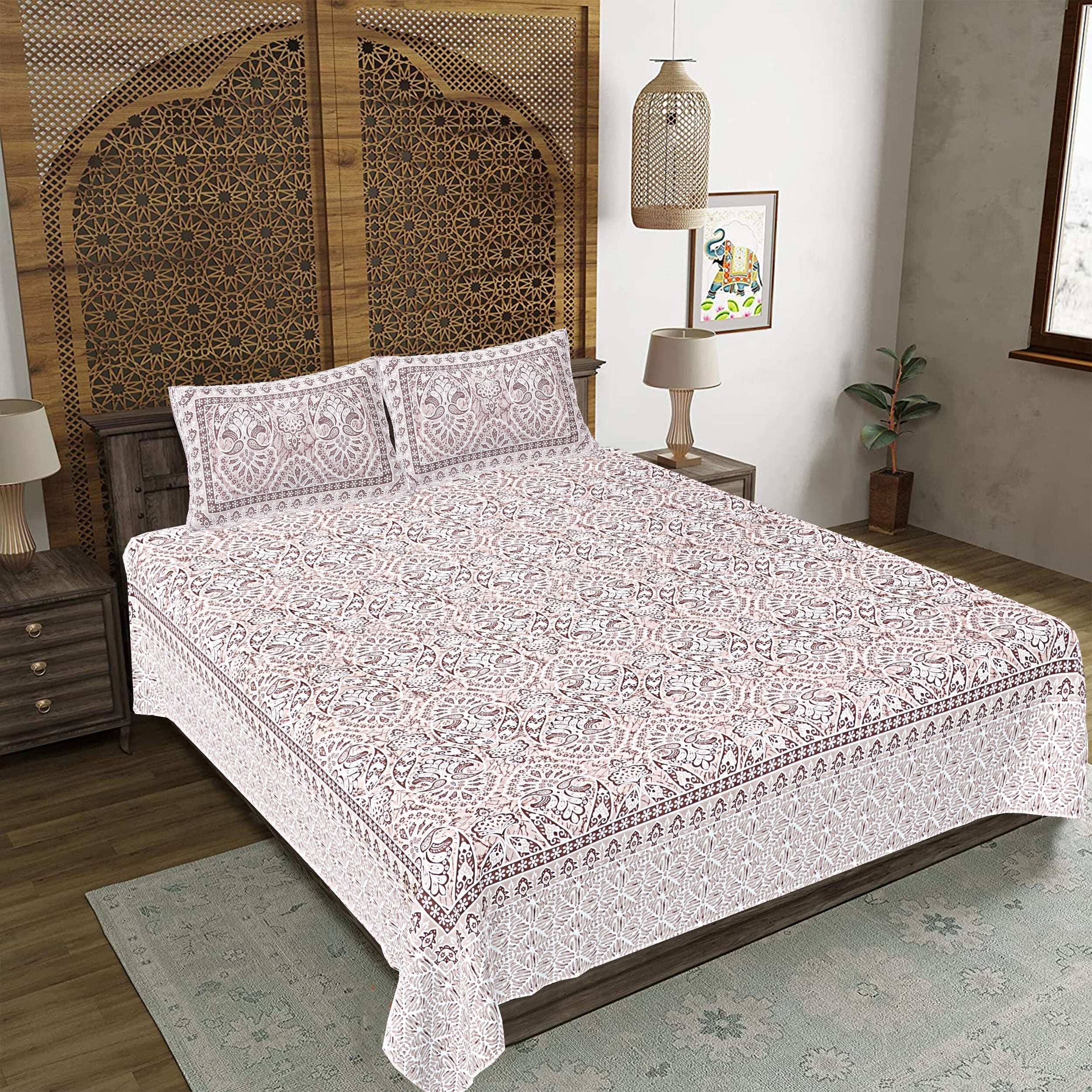 Rudra Bazaar Brown 210 TC Cotton Double King Bedsheet With 2 Pillow Covers | Grocsy
