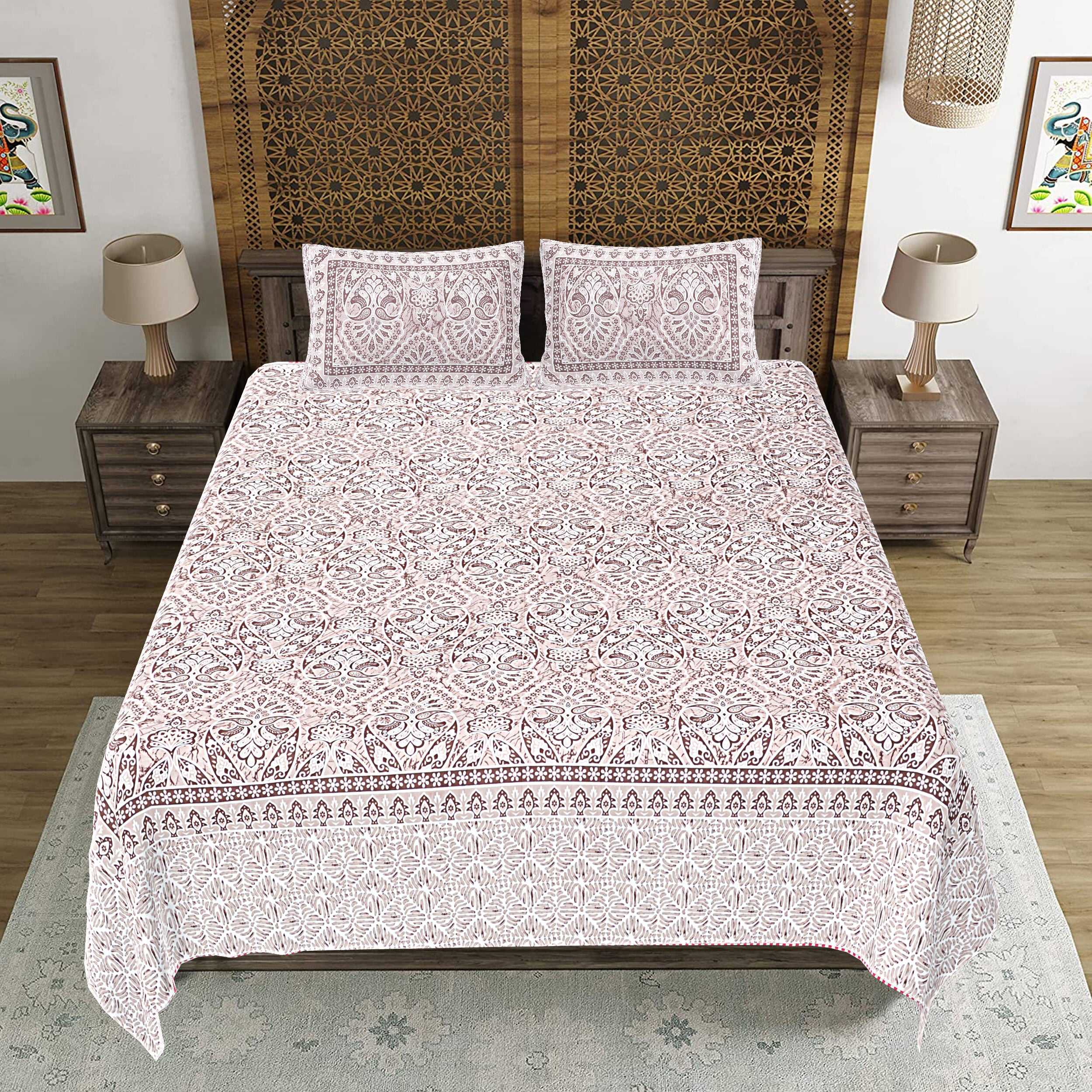 Rudra Bazaar Brown 210 TC Cotton Double King Bedsheet With 2 Pillow Covers | Grocsy