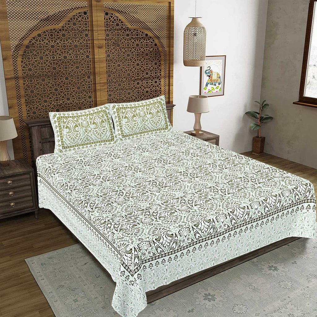 Rudra Bazaar Green 210 TC Cotton Double King Bedsheet With 2 Pillow Covers | Grocsy