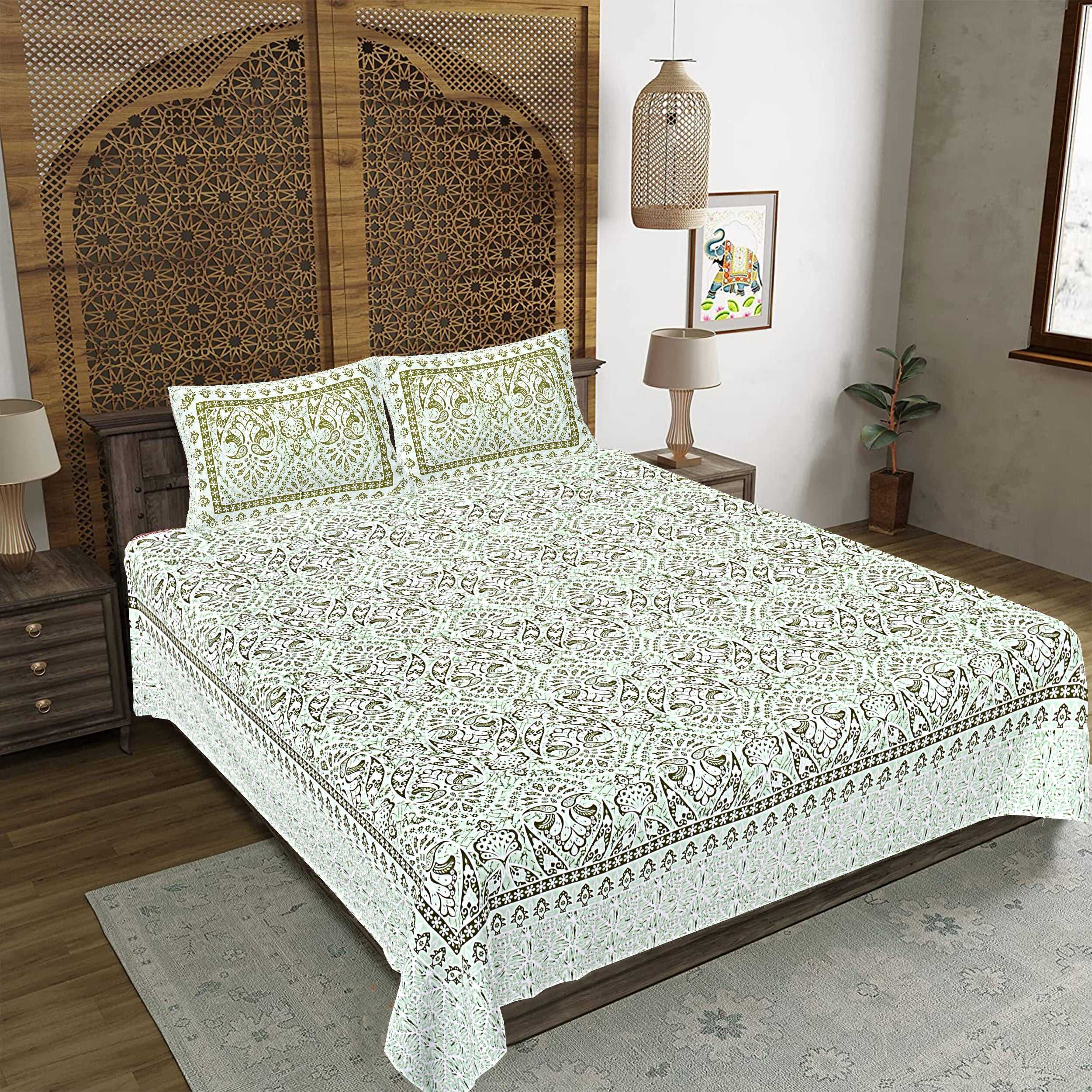 Rudra Bazaar Green 210 TC Cotton Double King Bedsheet With 2 Pillow Covers | Grocsy