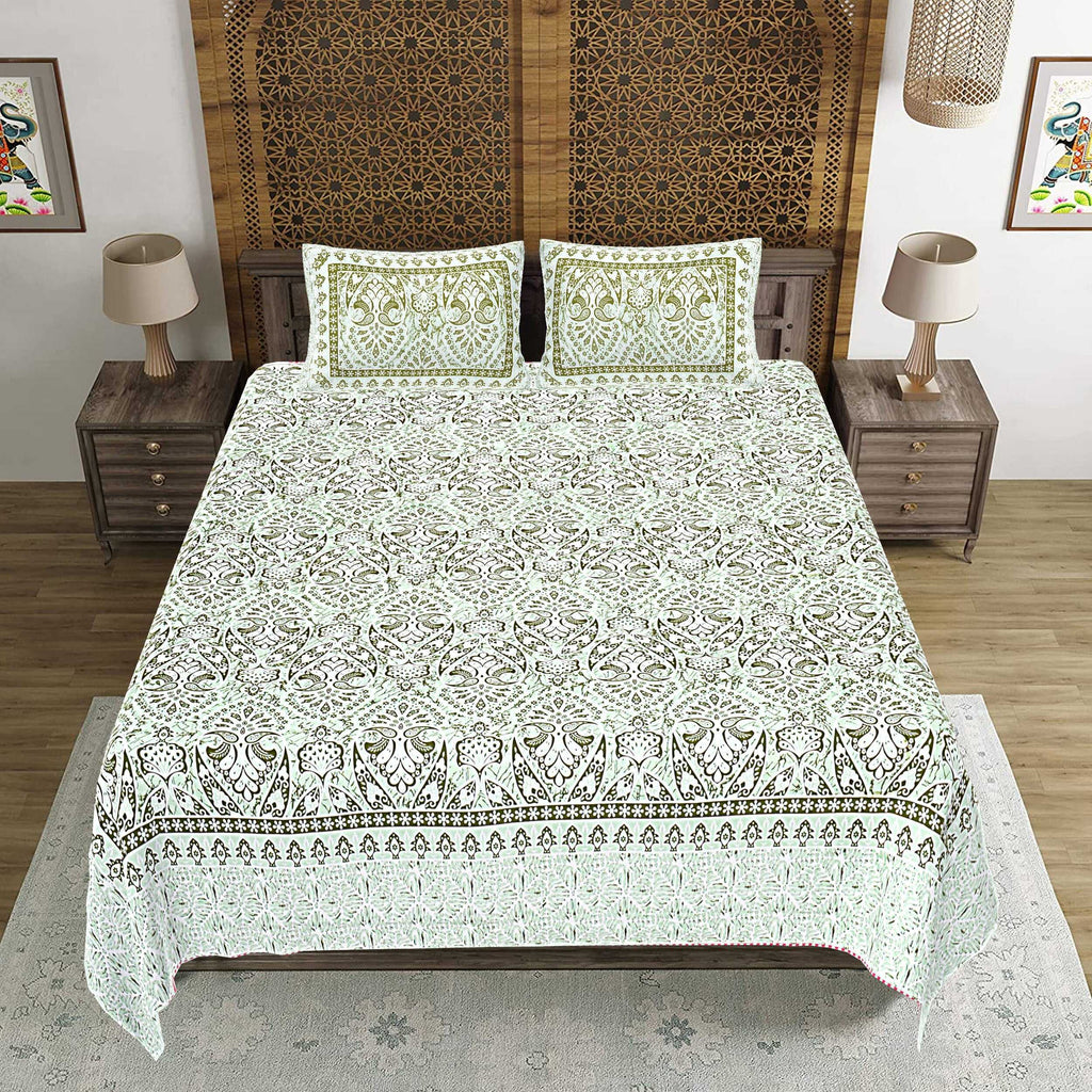 Rudra Bazaar Green 210 TC Cotton Double King Bedsheet With 2 Pillow Covers | Grocsy