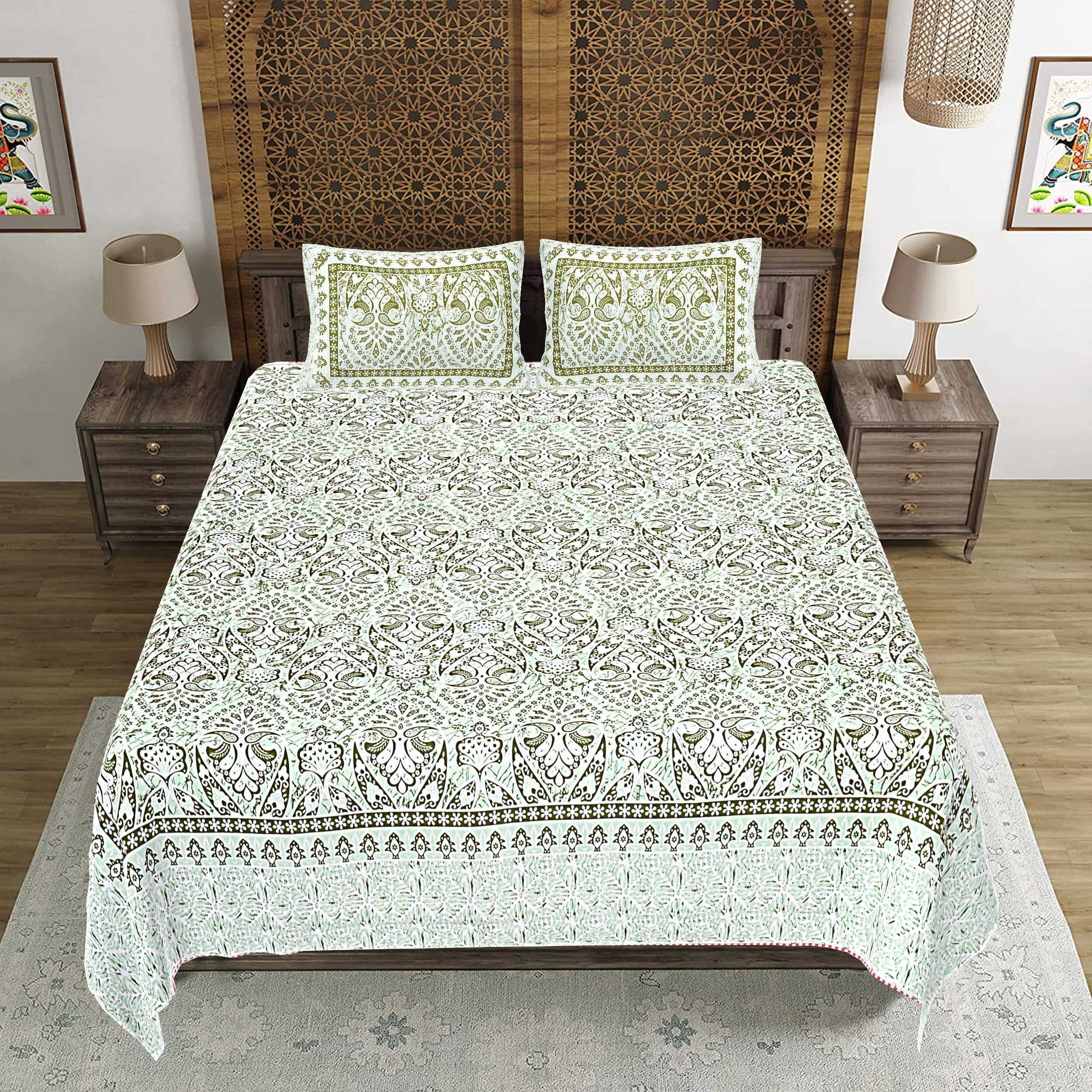 Rudra Bazaar Green 210 TC Cotton Double King Bedsheet With 2 Pillow Covers | Grocsy