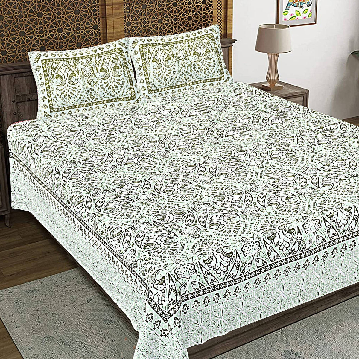 Rudra Bazaar Green 210 TC Cotton Double King Bedsheet With 2 Pillow Covers | Grocsy