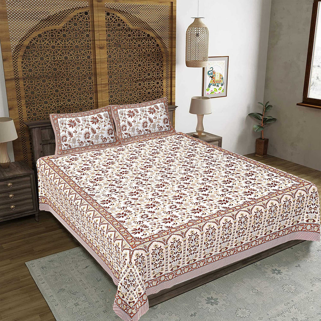 Rudra Bazaar Brown 210 TC Cotton Double King Bedsheet With 2 Pillow Covers | Grocsy
