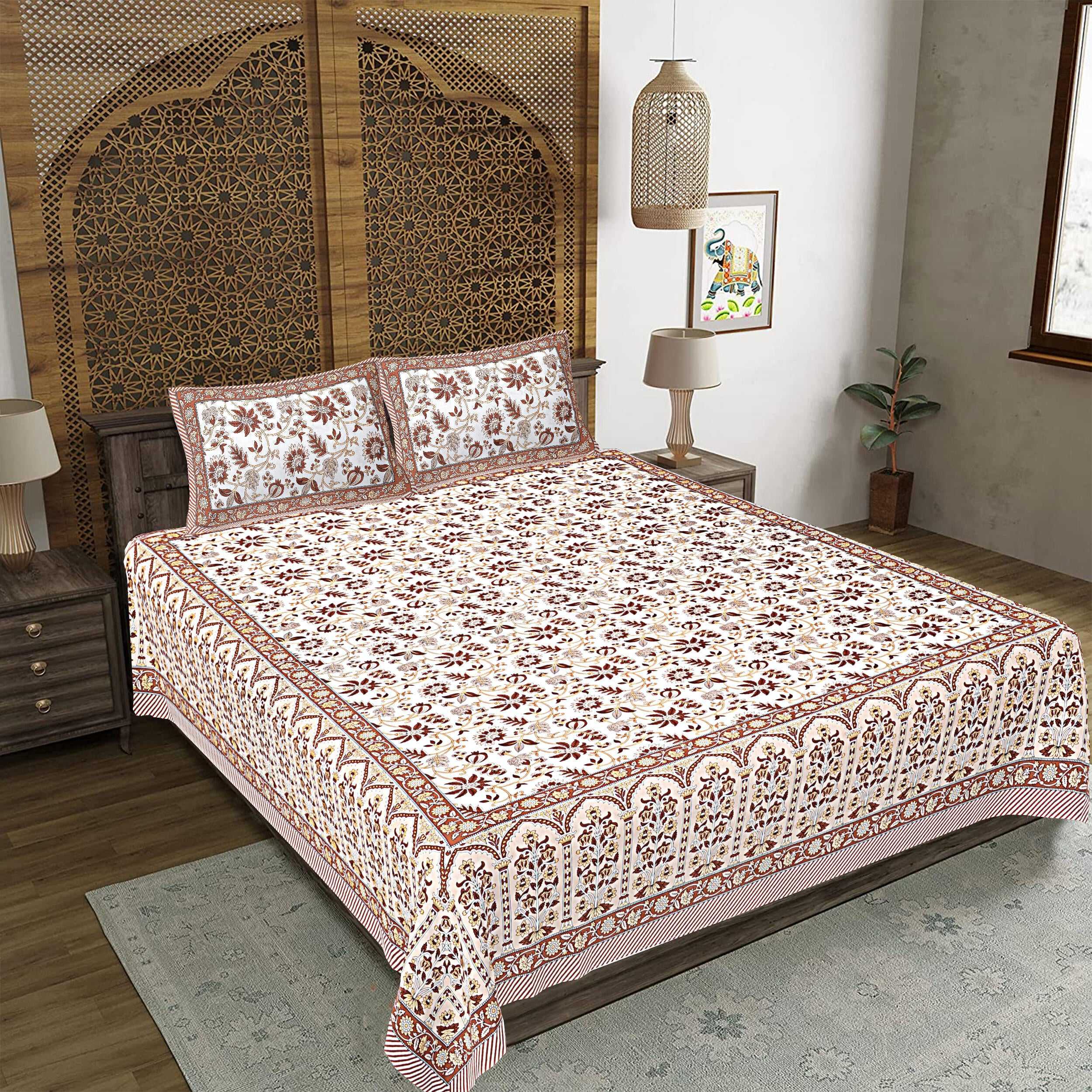 Rudra Bazaar Brown 210 TC Cotton Double King Bedsheet With 2 Pillow Covers | Grocsy