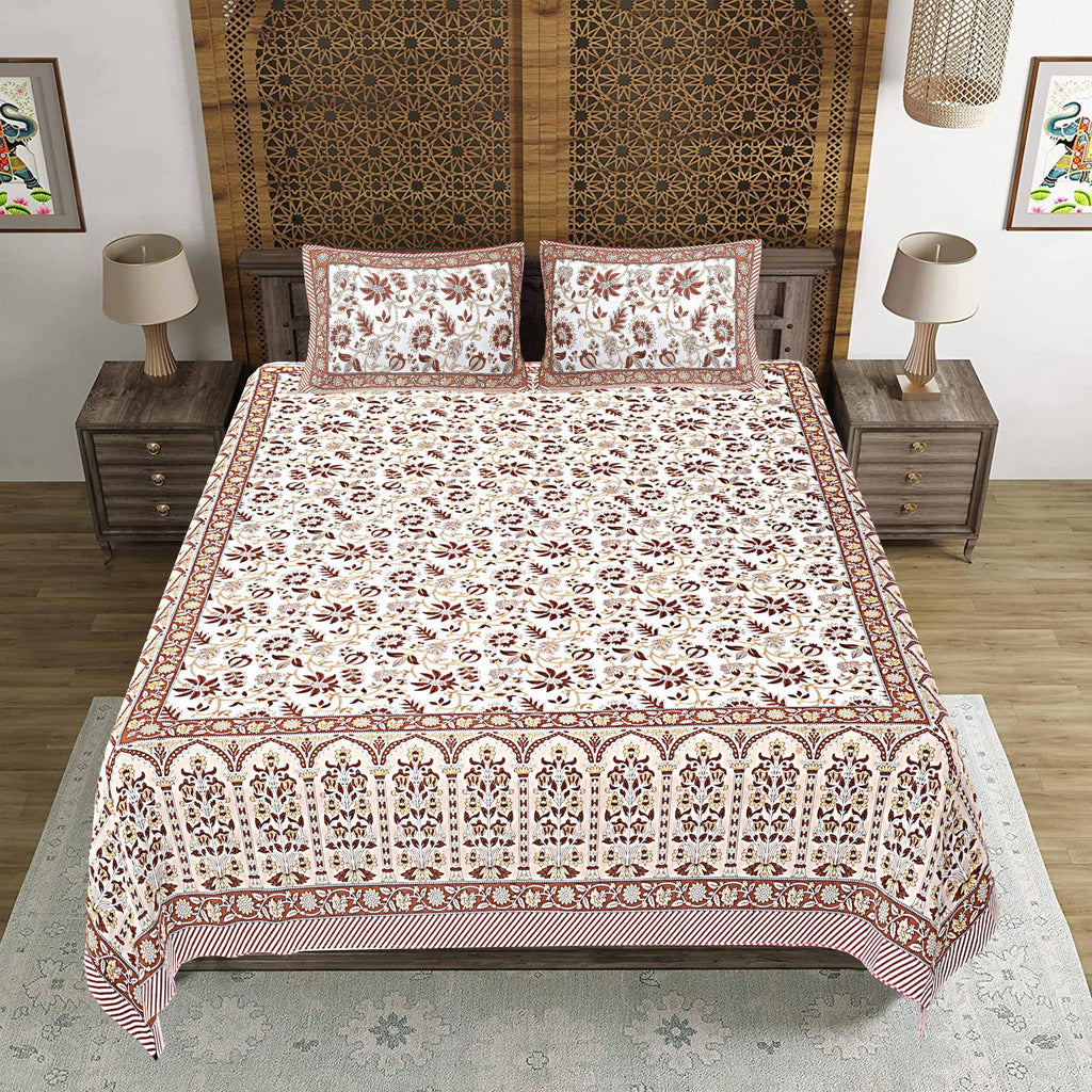 Rudra Bazaar Brown 210 TC Cotton Double King Bedsheet With 2 Pillow Covers | Grocsy