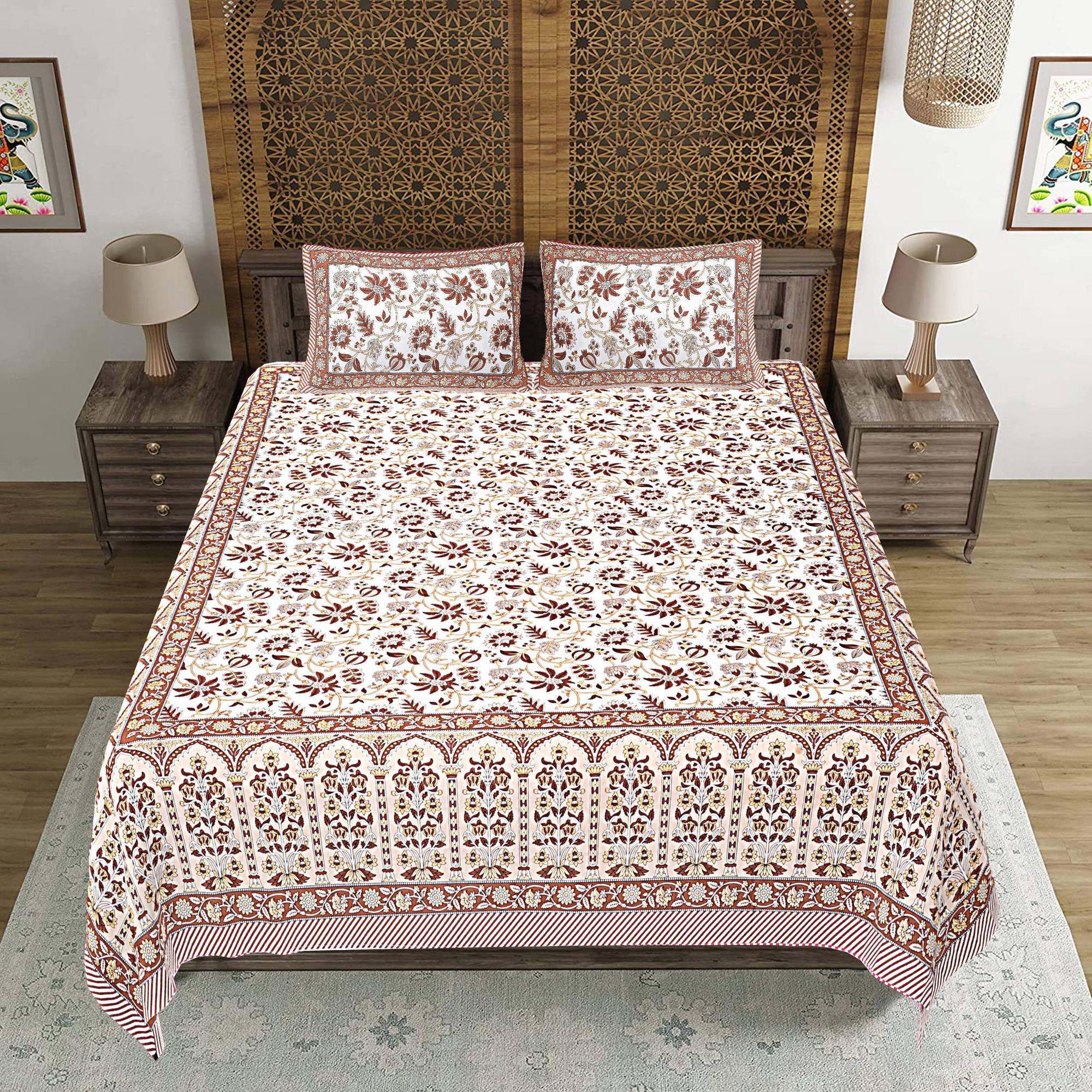 Rudra Bazaar Brown 210 TC Cotton Double King Bedsheet With 2 Pillow Covers | Grocsy