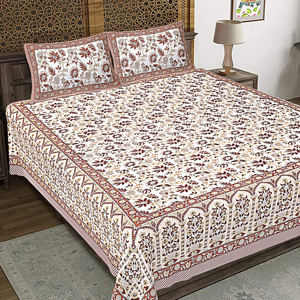 Rudra Bazaar Brown 210 TC Cotton Double King Bedsheet With 2 Pillow Covers | Grocsy