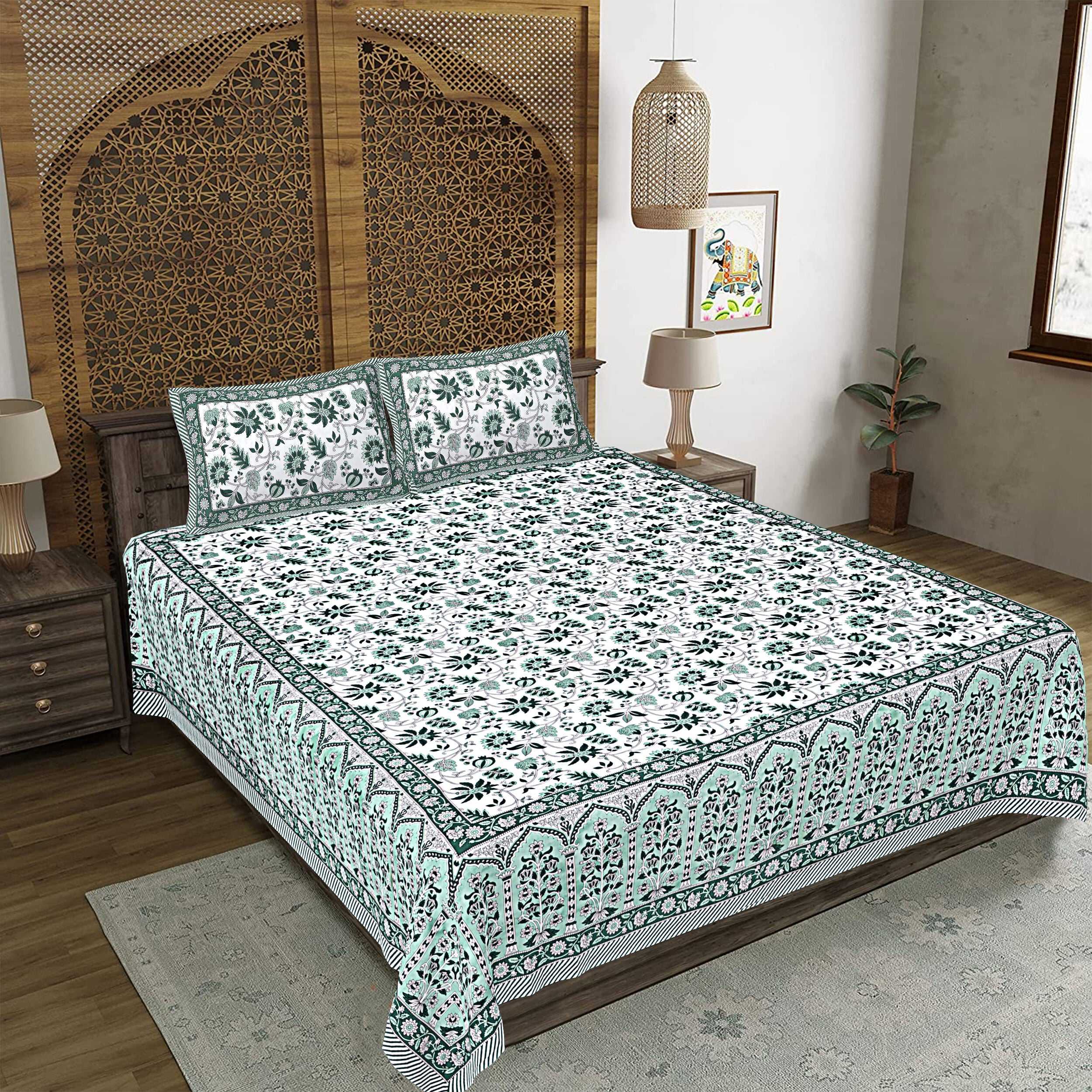 Rudra Bazaar Sea Green 210 TC Cotton Double King Bedsheet With 2 Pillow Covers | Grocsy