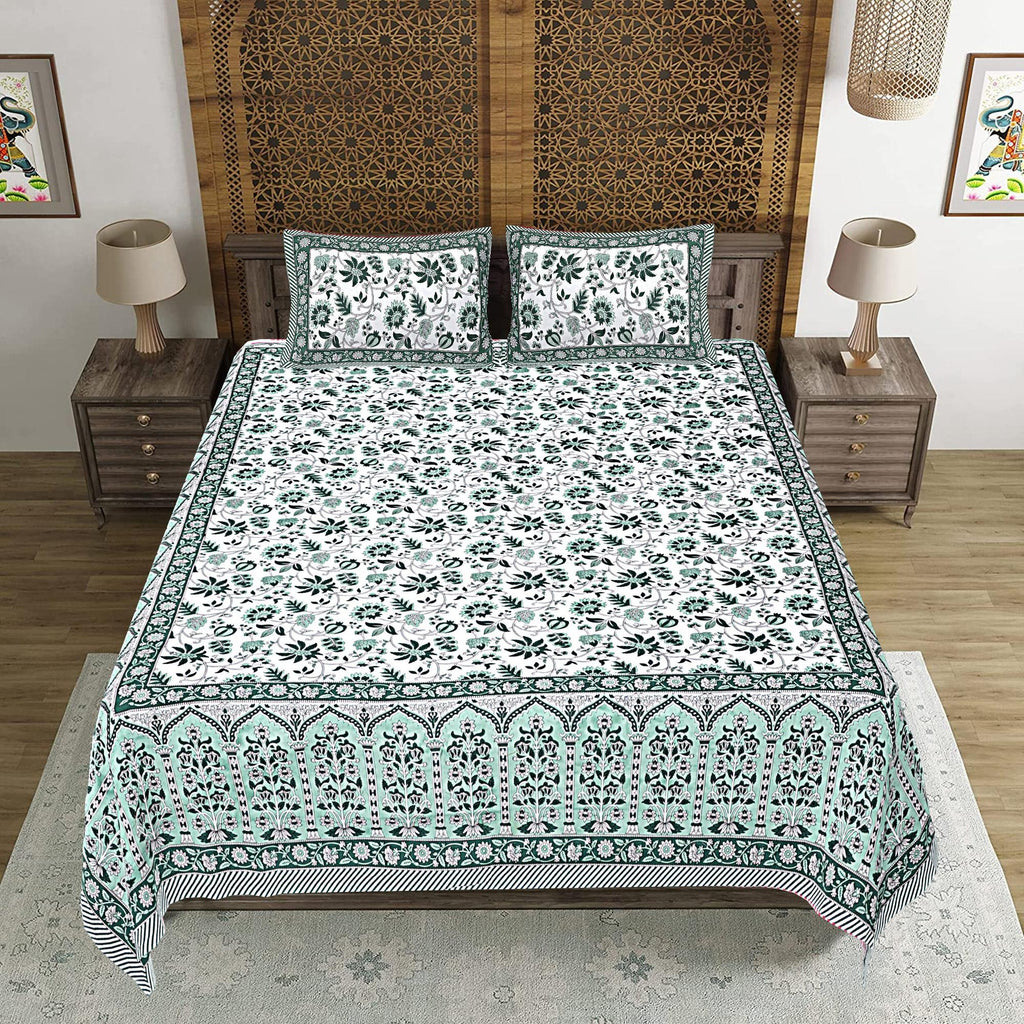 Rudra Bazaar Sea Green 210 TC Cotton Double King Bedsheet With 2 Pillow Covers | Grocsy