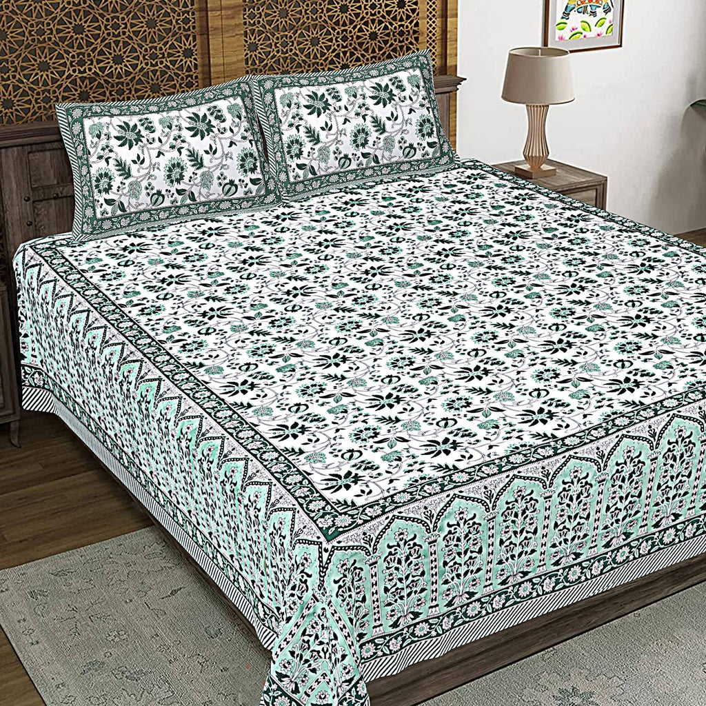 Rudra Bazaar Sea Green 210 TC Cotton Double King Bedsheet With 2 Pillow Covers | Grocsy