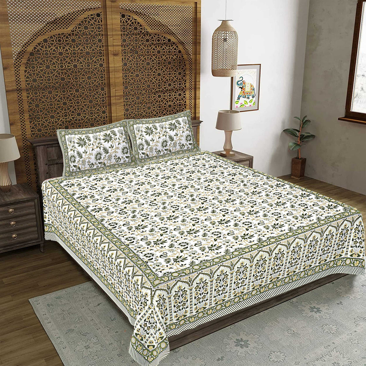 Rudra Bazaar Green 210 TC Cotton Double King Bedsheet With 2 Pillow Covers | Grocsy