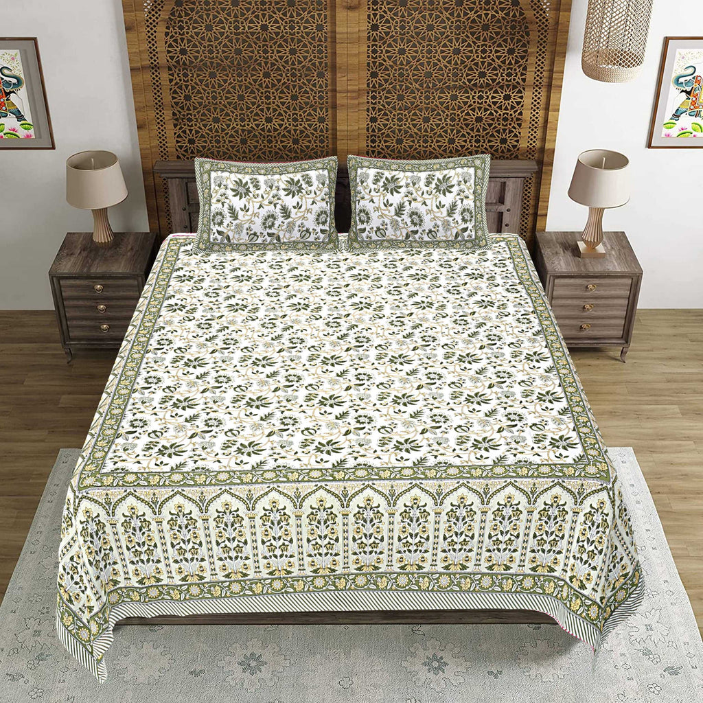 Rudra Bazaar Green 210 TC Cotton Double King Bedsheet With 2 Pillow Covers | Grocsy
