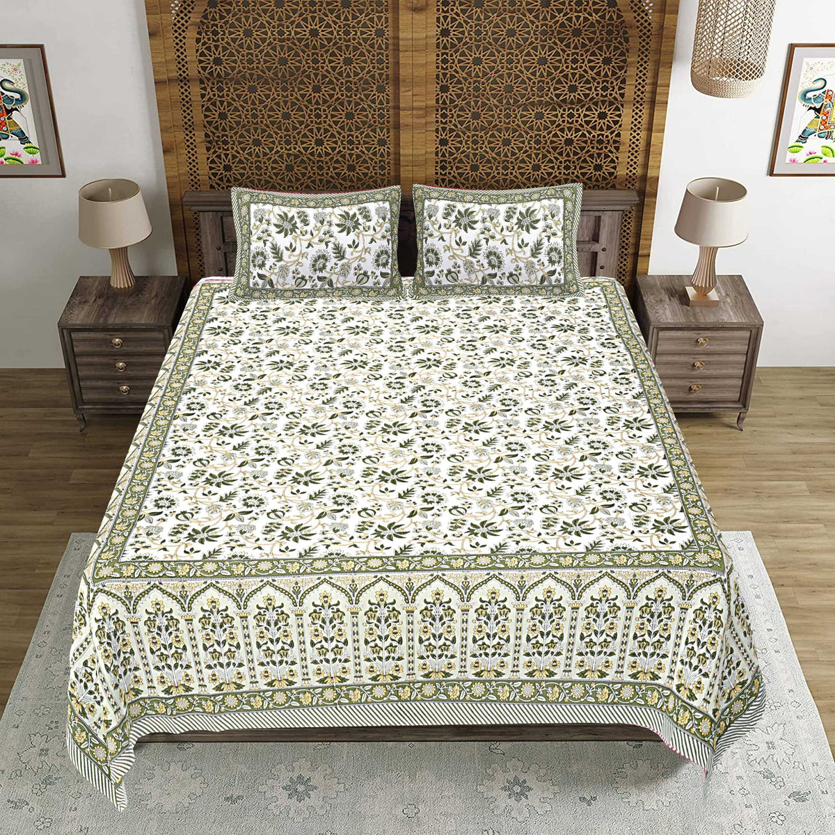 Rudra Bazaar Green 210 TC Cotton Double King Bedsheet With 2 Pillow Covers | Grocsy