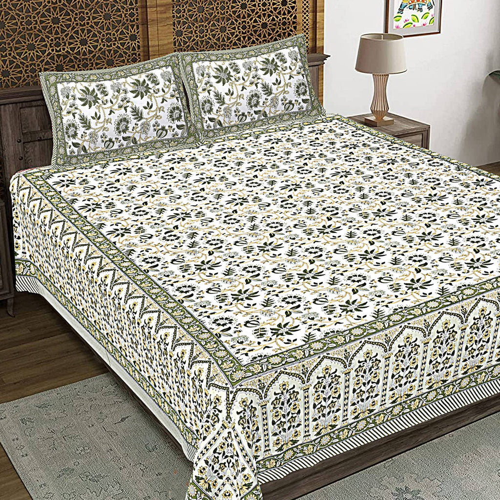 Rudra Bazaar Green 210 TC Cotton Double King Bedsheet With 2 Pillow Covers | Grocsy