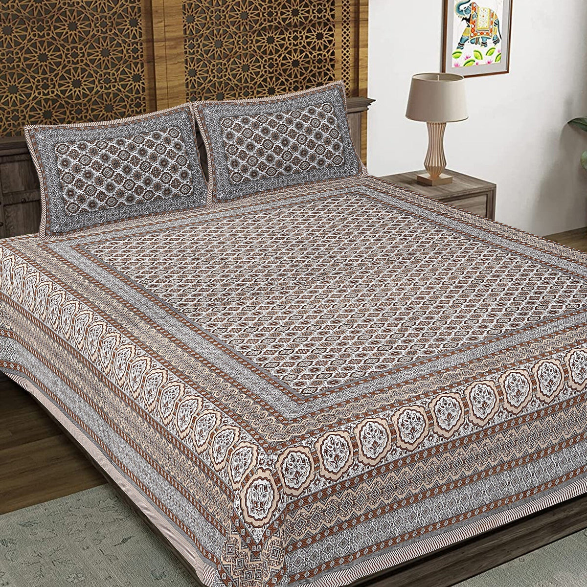 Rudra Bazaar Brown 210 TC Cotton Double King Bedsheet With 2 Pillow Covers | Grocsy
