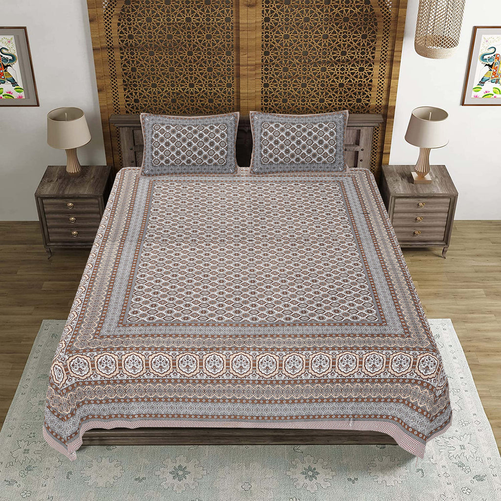 Rudra Bazaar Brown 210 TC Cotton Double King Bedsheet With 2 Pillow Covers | Grocsy