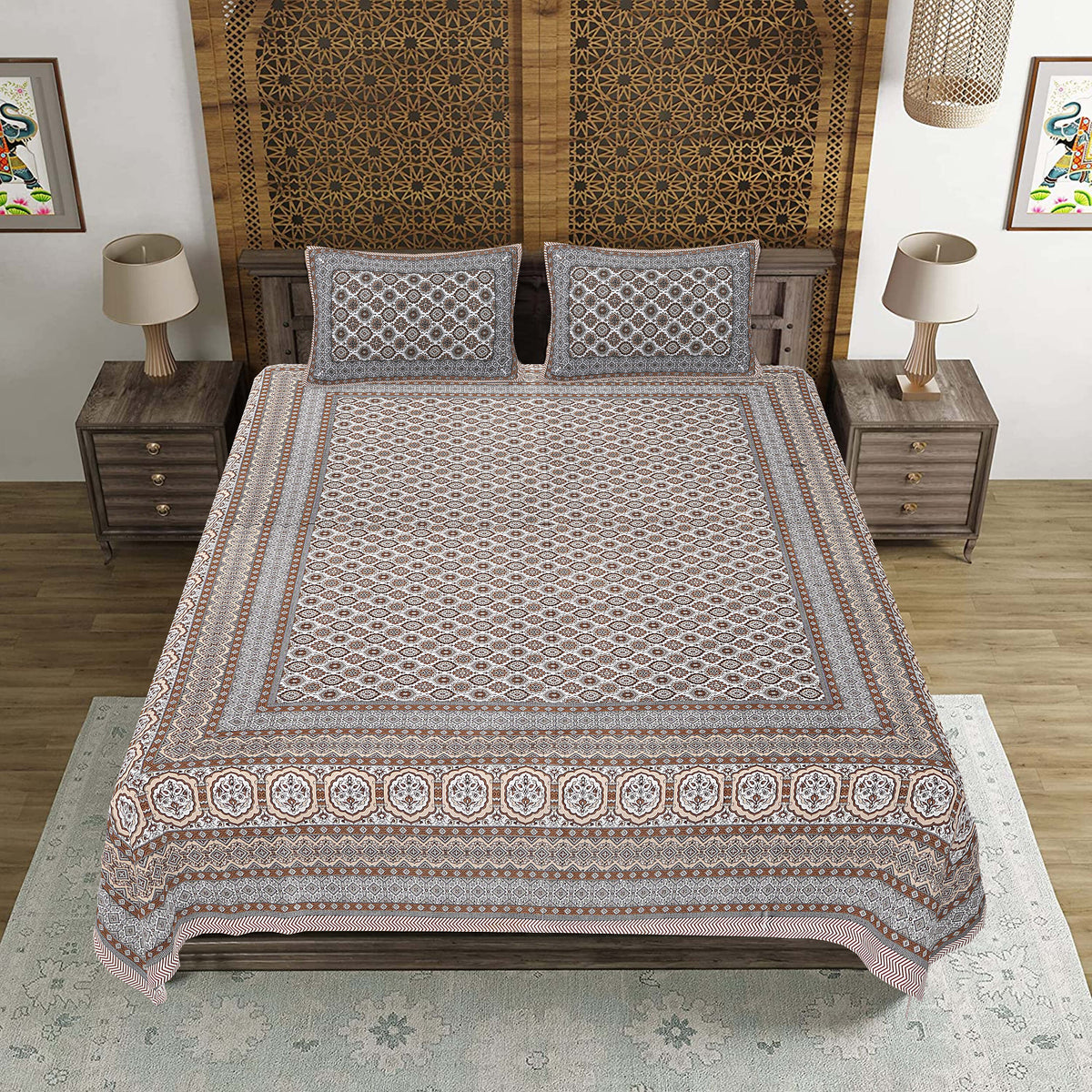 Rudra Bazaar Brown 210 TC Cotton Double King Bedsheet With 2 Pillow Covers | Grocsy