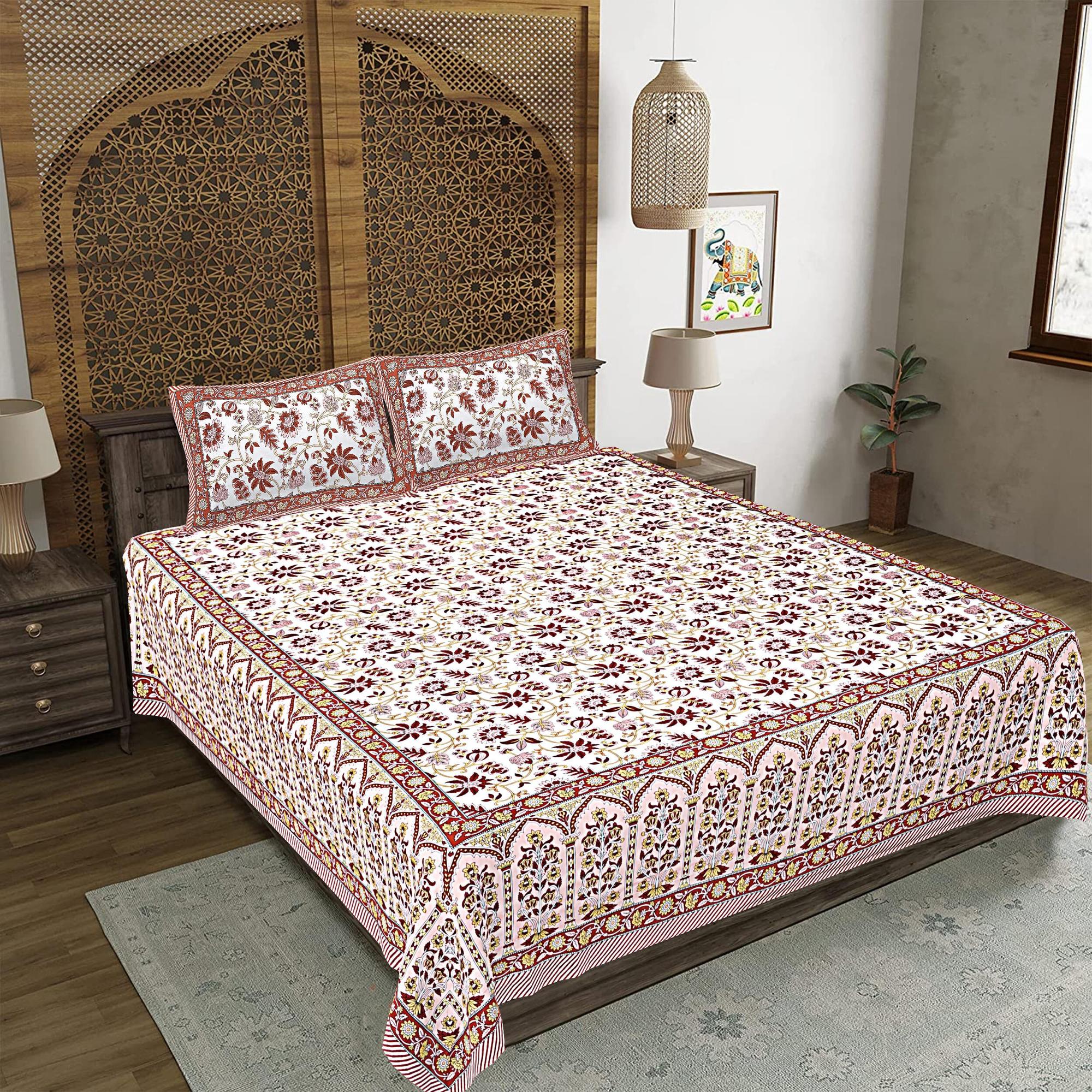Rudra Bazaar Peach 210 TC Cotton Double King Bedsheet With 2 Pillow Covers | Grocsy
