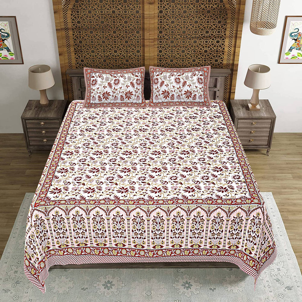 Rudra Bazaar Peach 210 TC Cotton Double King Bedsheet With 2 Pillow Covers | Grocsy