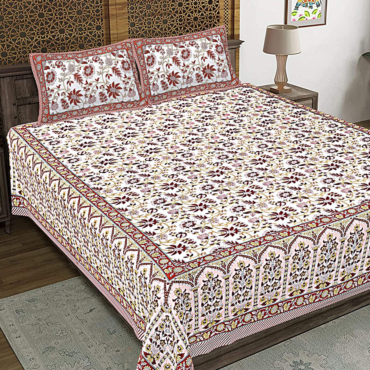 Rudra Bazaar Peach 210 TC Cotton Double King Bedsheet With 2 Pillow Covers | Grocsy